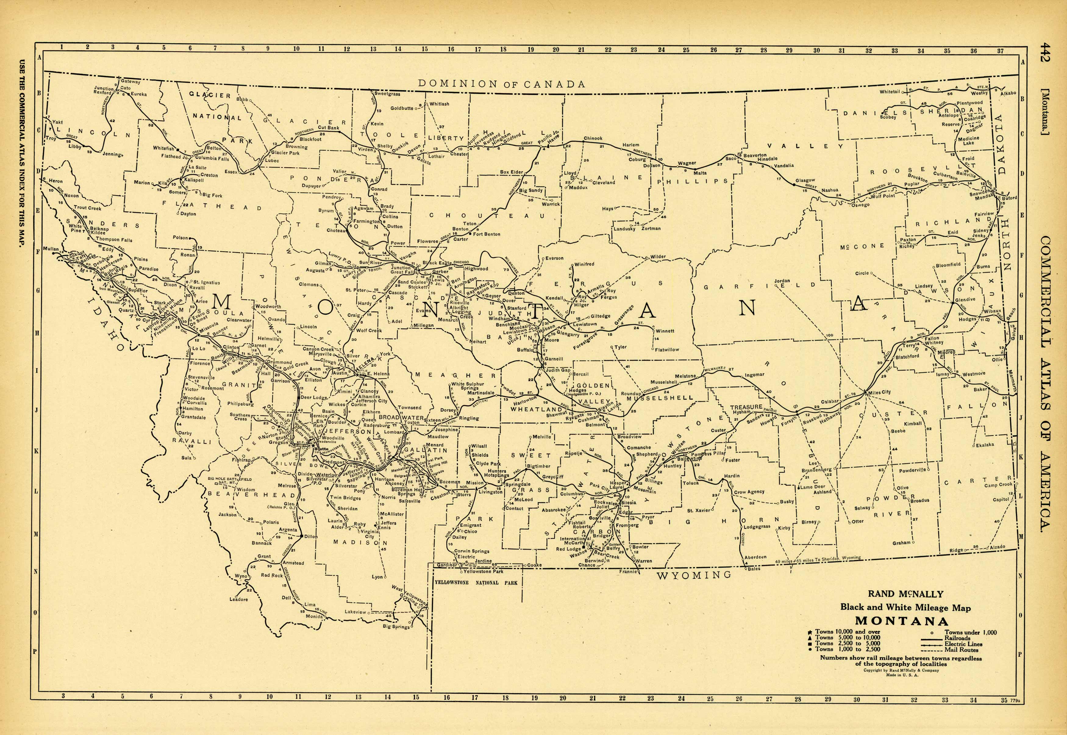 Black and White Mileage Map of Montana Black and White Mileage Map of Montana