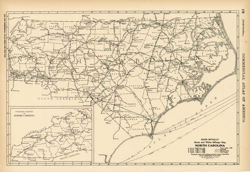 Black and White Mileage Map of North Carolina