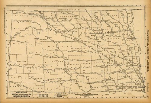 Black and White Mileage Map of North Dakota