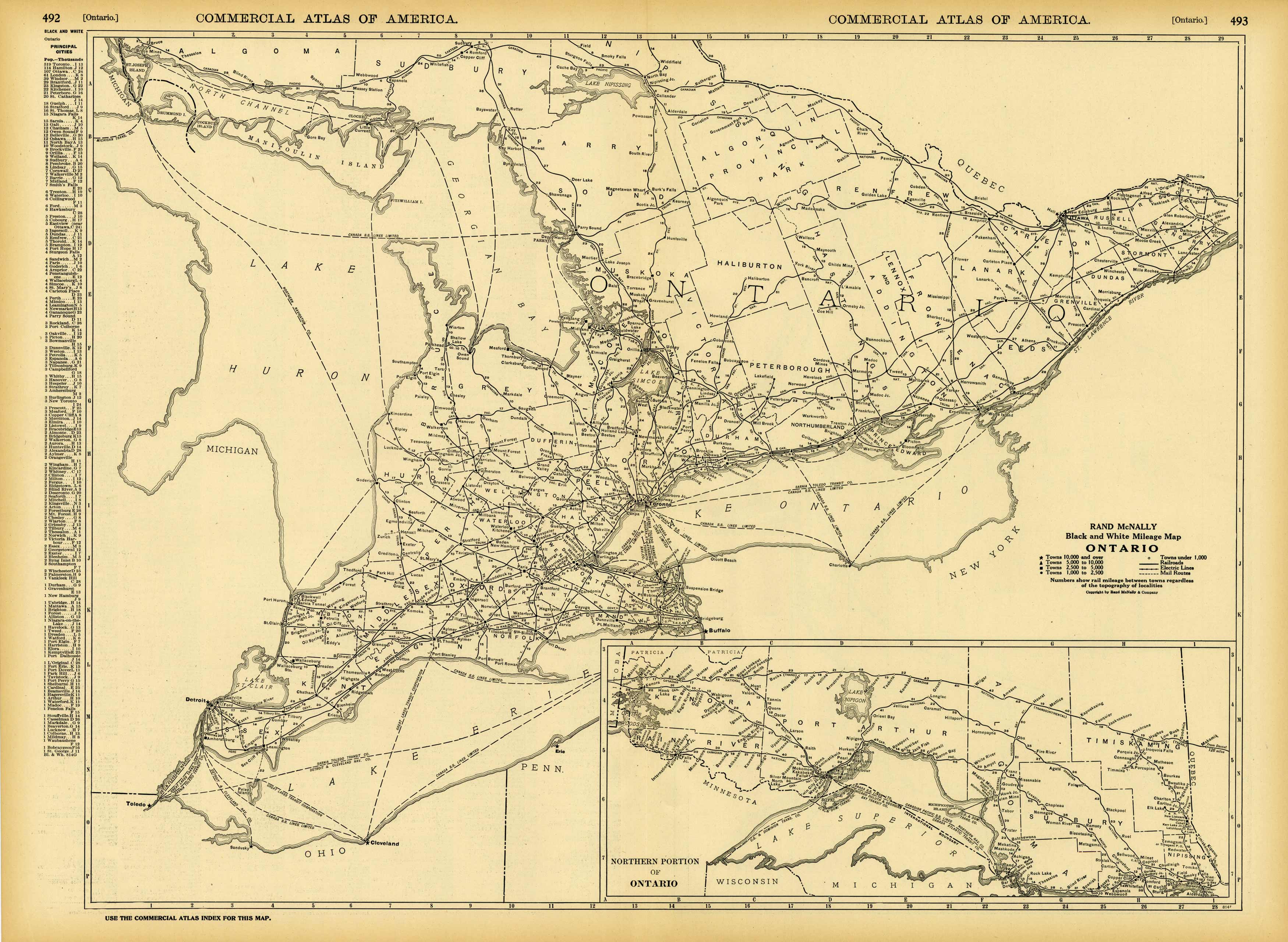 Black and White Mileage Map of Ontario