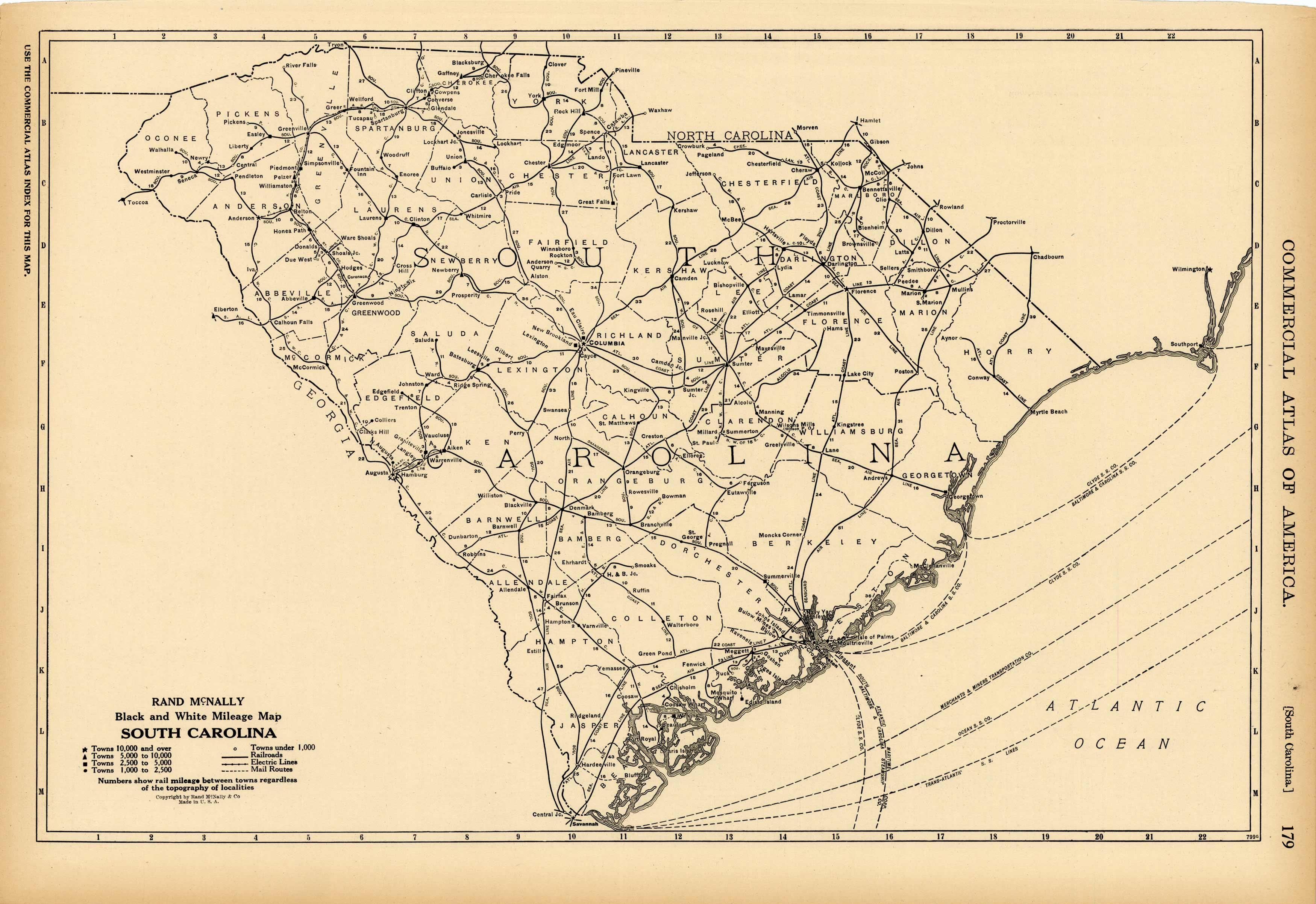 Black and White Mileage Map of South Carolina
