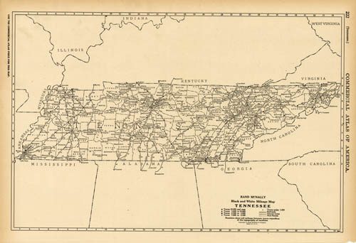 Black and White Milage Map of Tennessee