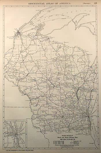 Rand McNally Black and White Milage Map of Wisconsin