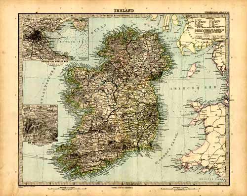 Ireland with inset maps of Dublin and the Lakes of Killarney