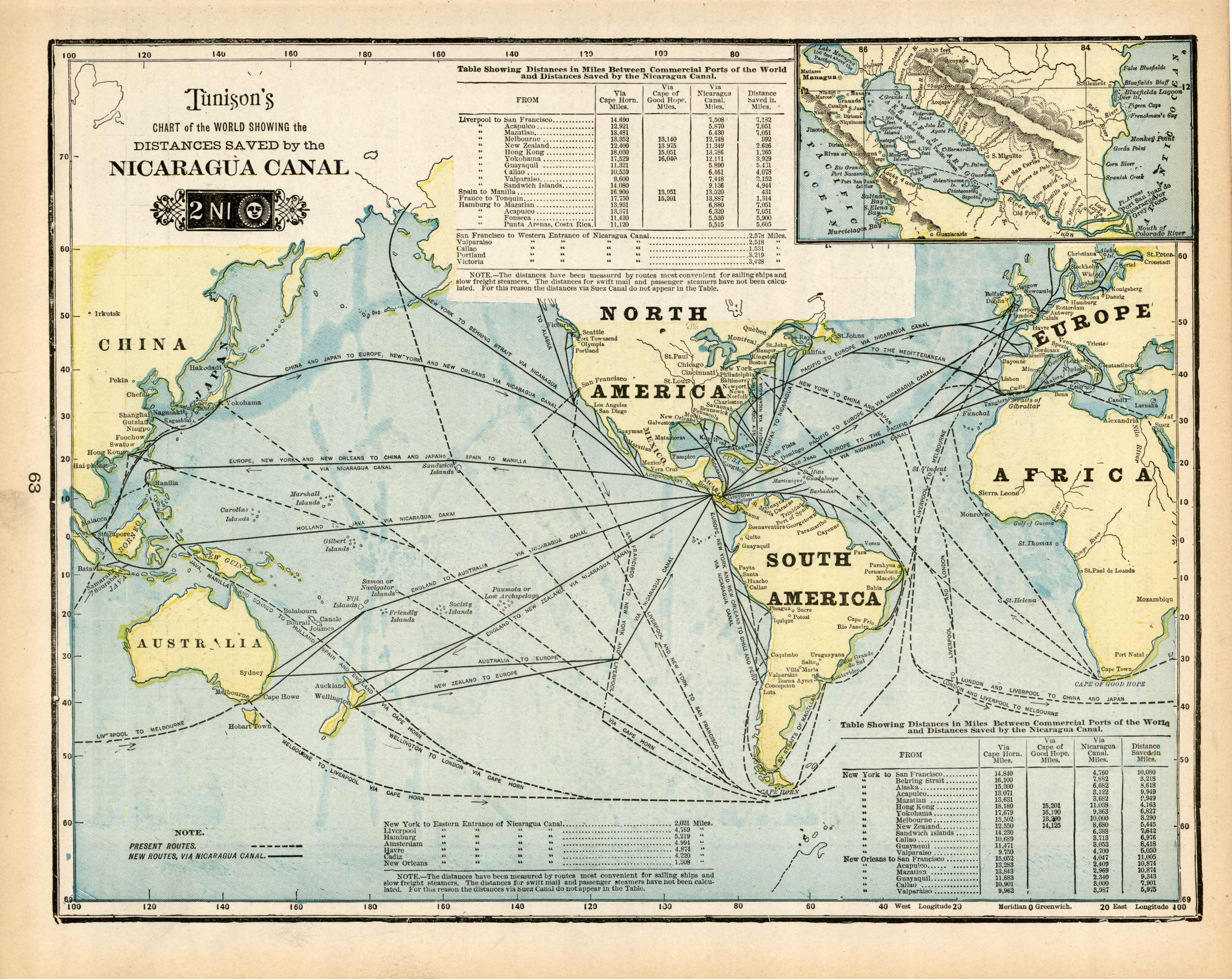 Chart of the World Showing the Distances Saved by the Nicaragua Canal Chart of the World Showing the Distances Saved by the Nicaragua Canal