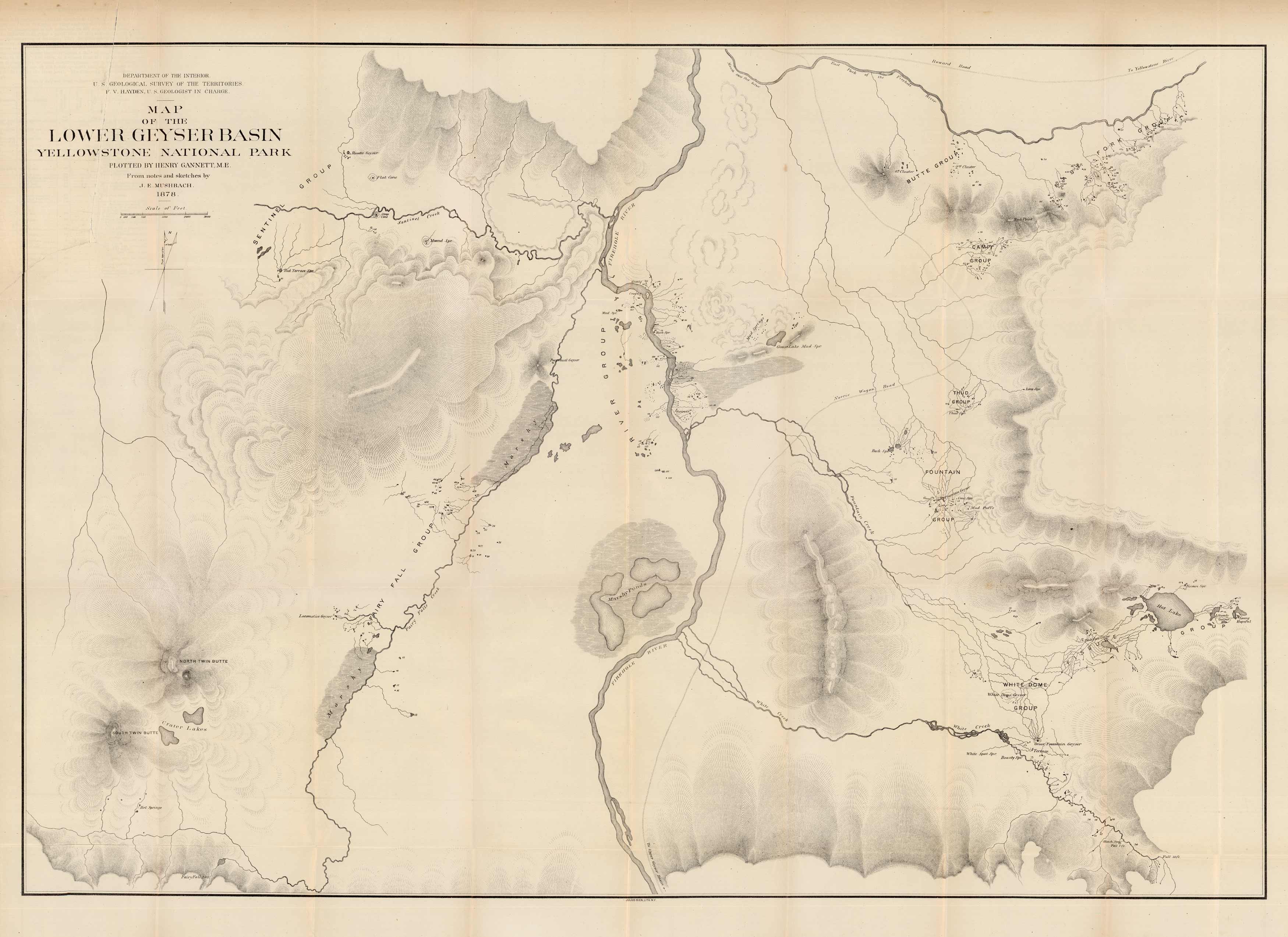 Map of the Lower Geyser Basin. Yellowstone National Park. Plotted by Henry Gannett Map of the Lower Geyser Basin. Yellowstone National Park. Plotted by Henry Gannett