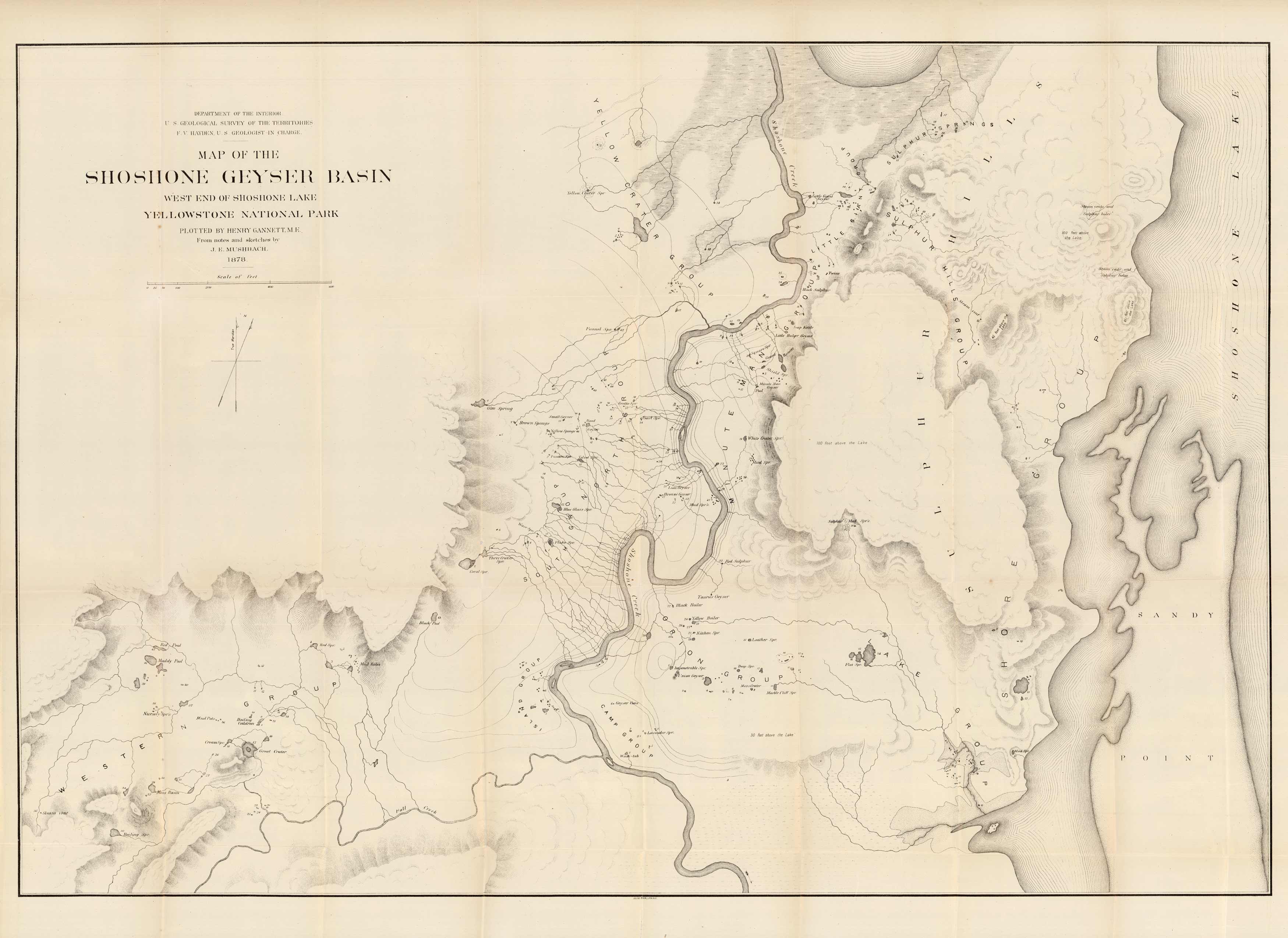 Map of the Shoshone Geyser Basin- West End of Shoshone Lake- Yellowstone National Park. Plotted by Henry Gannett