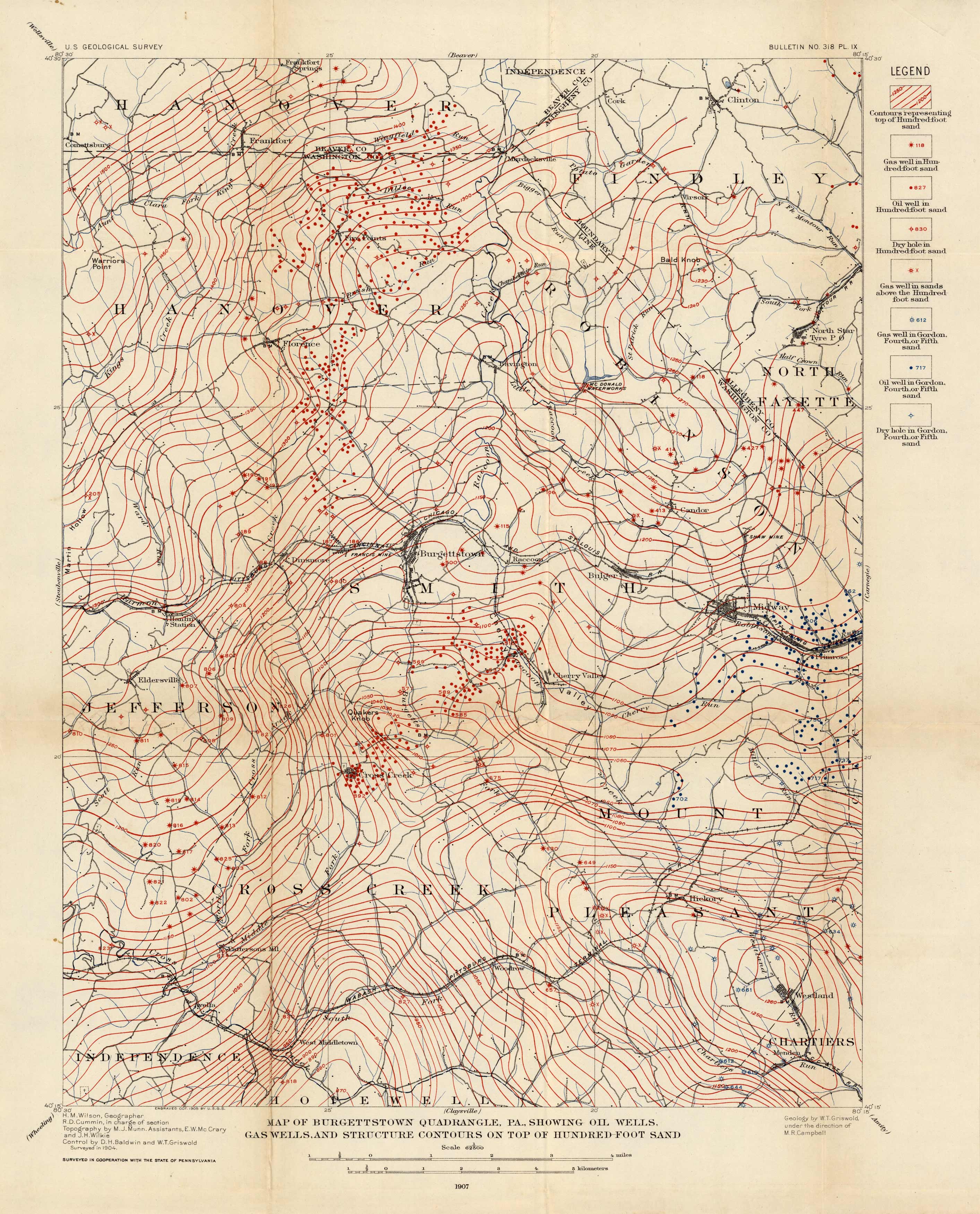 Map of Burgettstown Quadrangle, PA. Showing Oil Wells , Gas Wells, and