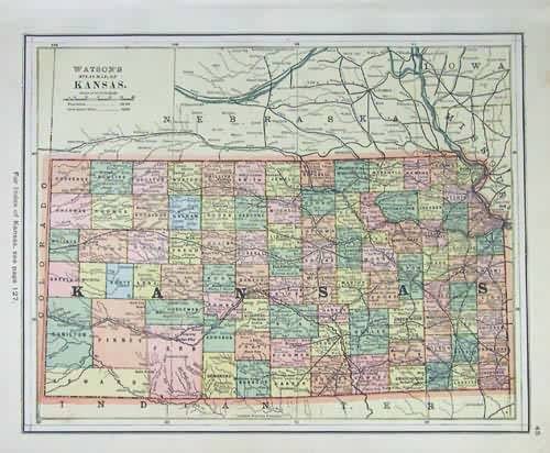 Watson's 1886 Map of Kansas - Art Source International