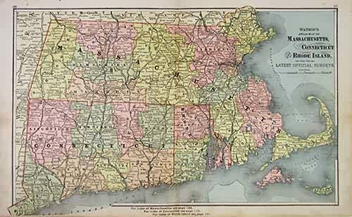 Watsons Atlas Map of Massachusetts Connecticut and Rhode Island from the Latest Official Surveys'