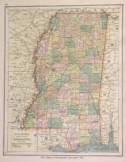 Watsons Atlas Map of Mississippi'