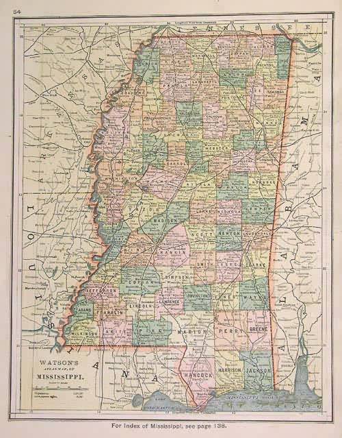 Watson's 1886 Map of Mississippi - Art Source International