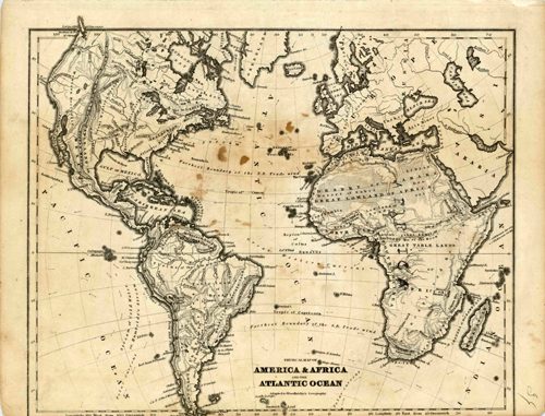 Physical Map of America and Africa and the Atlantic Ocean WORLD