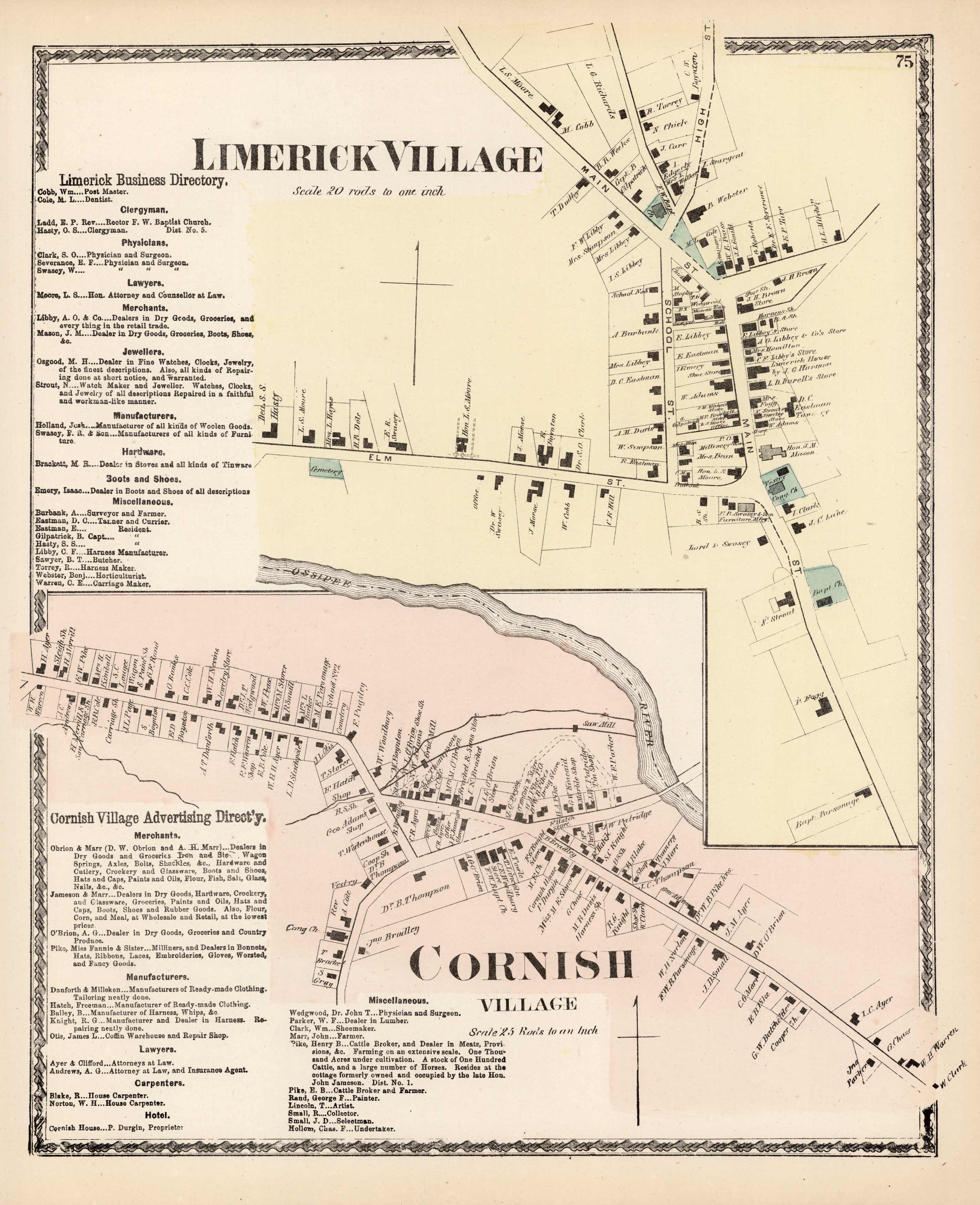 Wall Décor Prints Maine 1872 Map Town of LIMERICK Wall Hangings