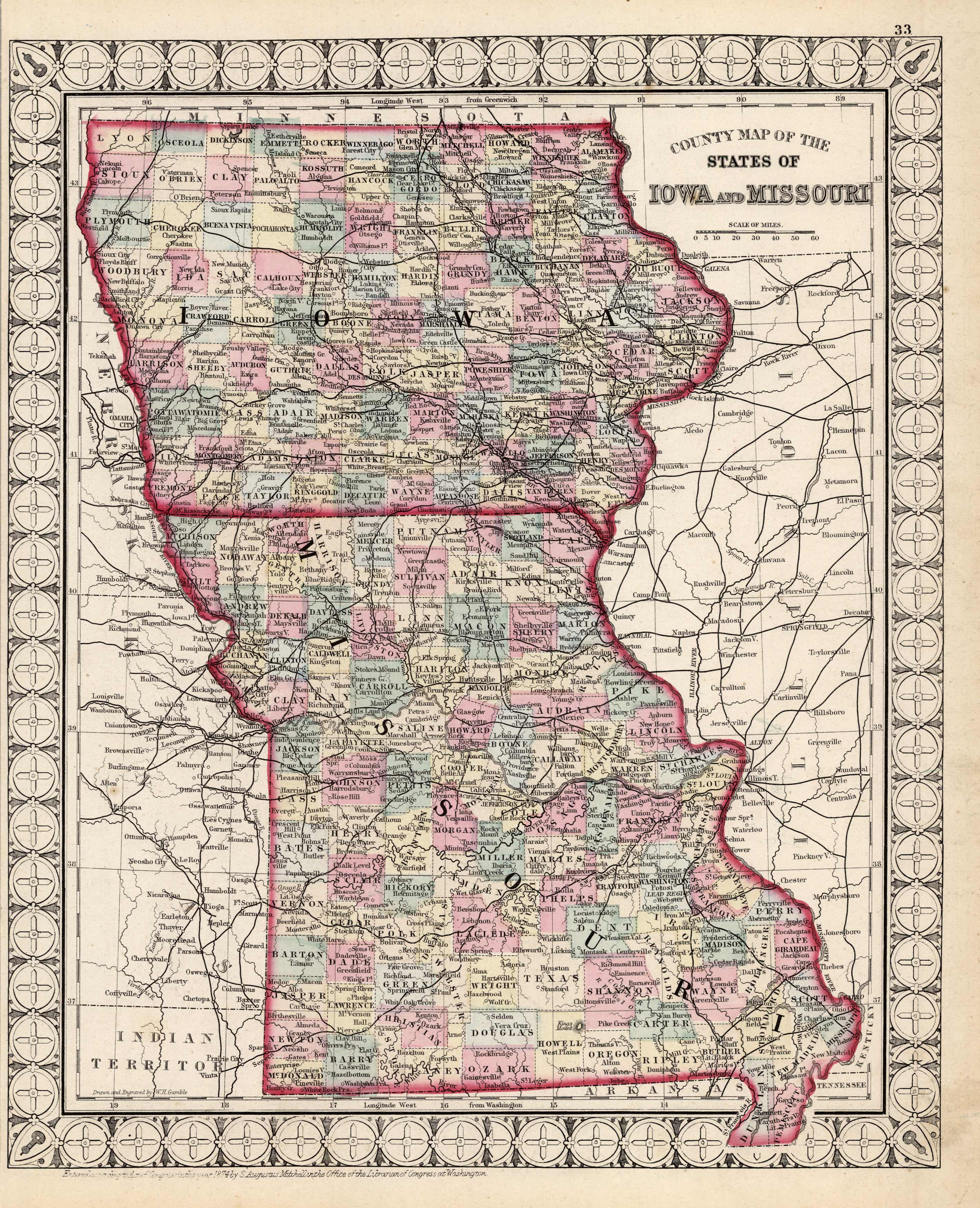 County Map of the States of Iowa and Missouri