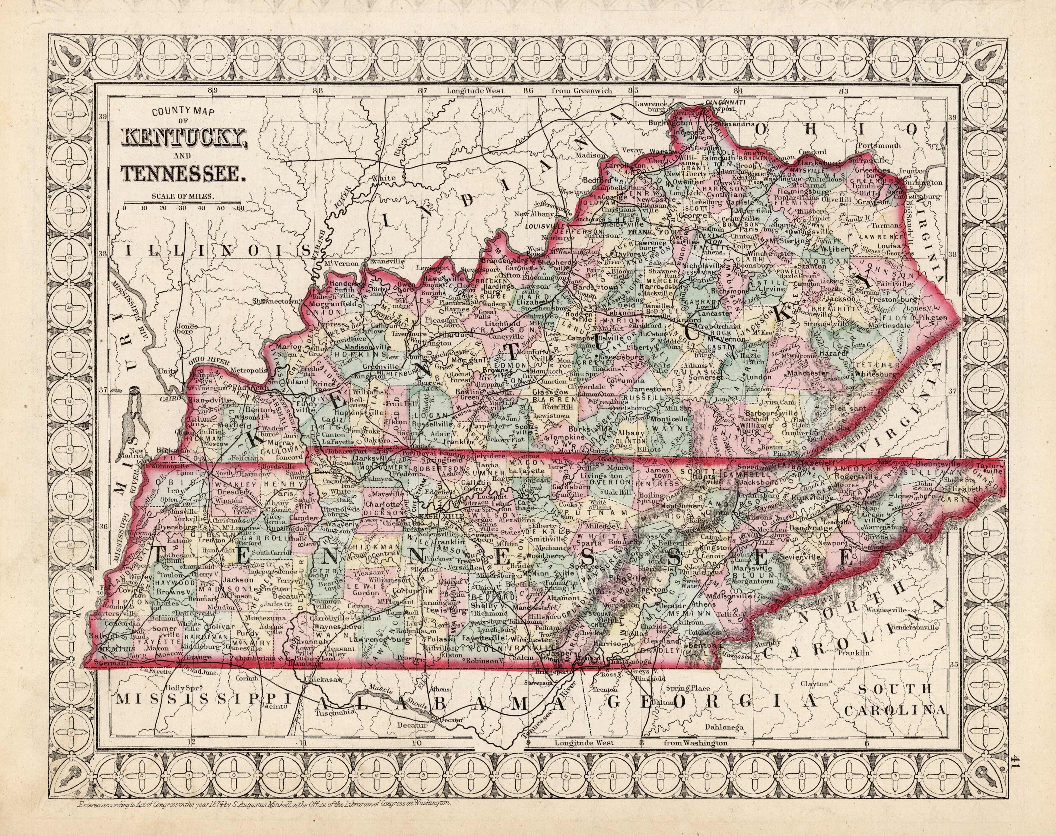 County Map of Kentucky and Tennessee
