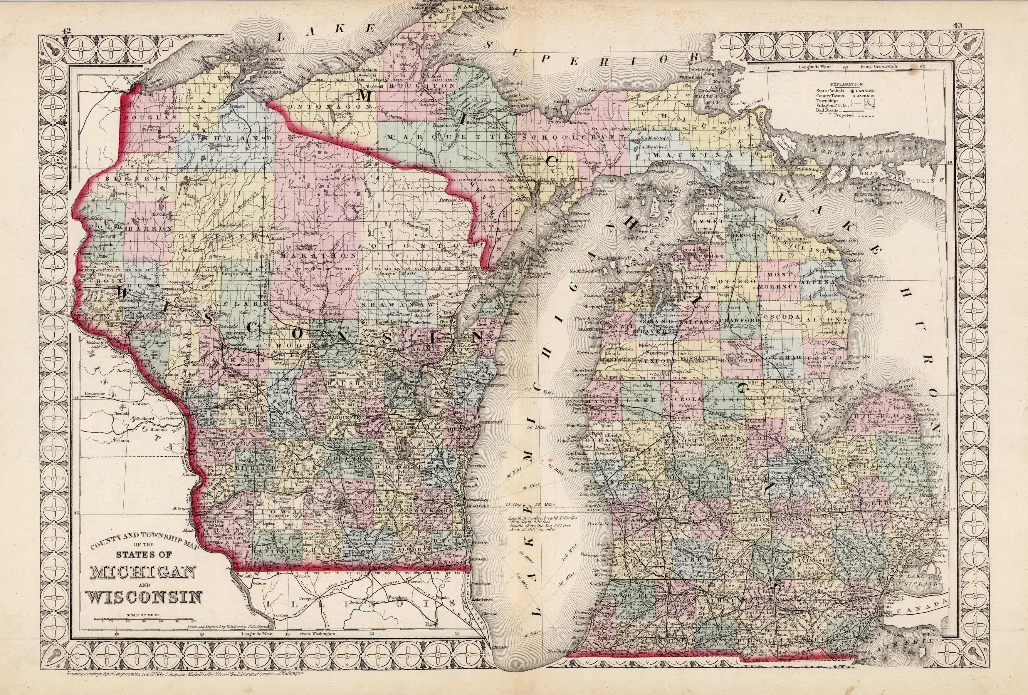 County and Township Map of the States of Michigan and Wisconsin