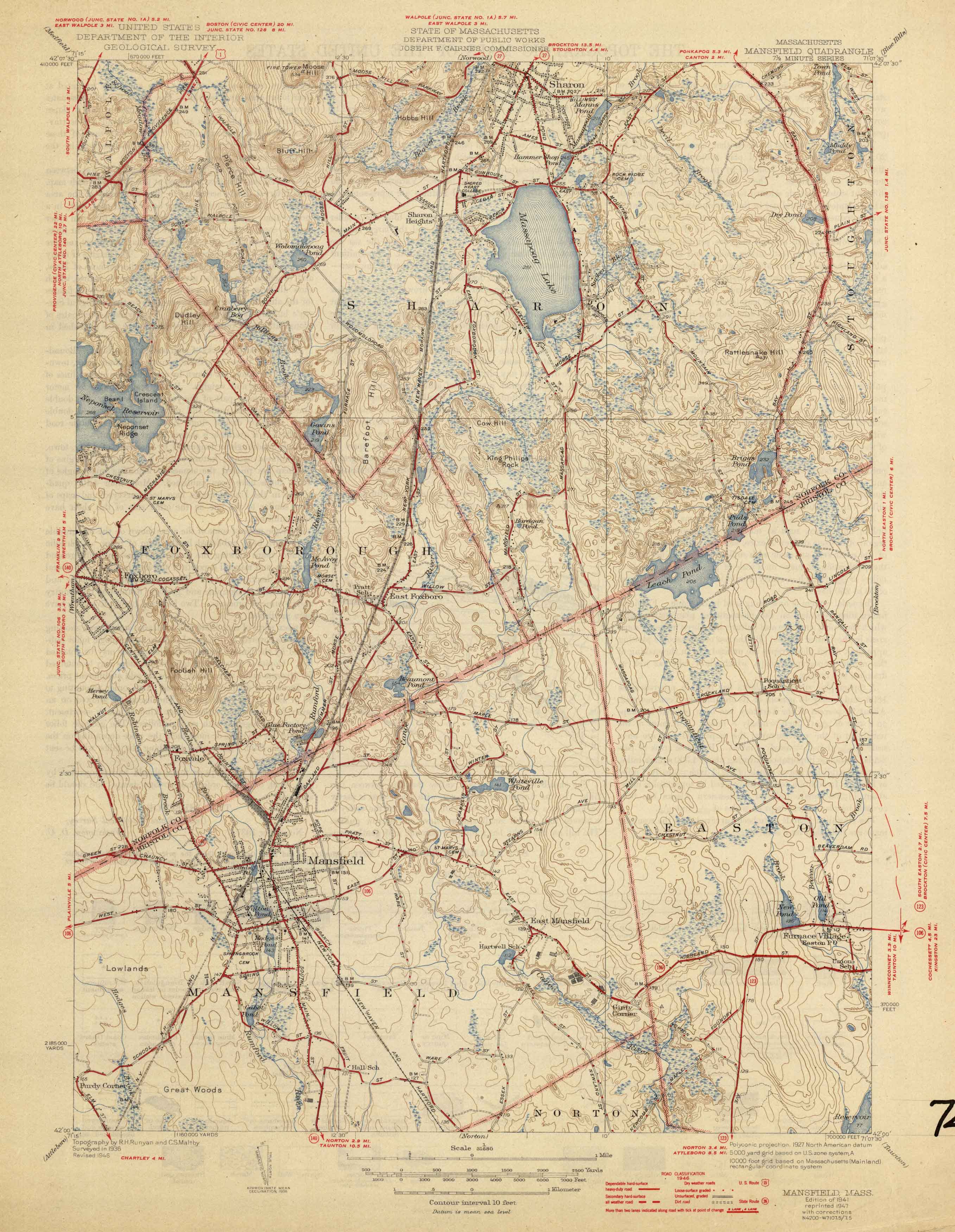 U.S. Geologic Survey 1947 Map of Mansfield, Massachusetts Art Source