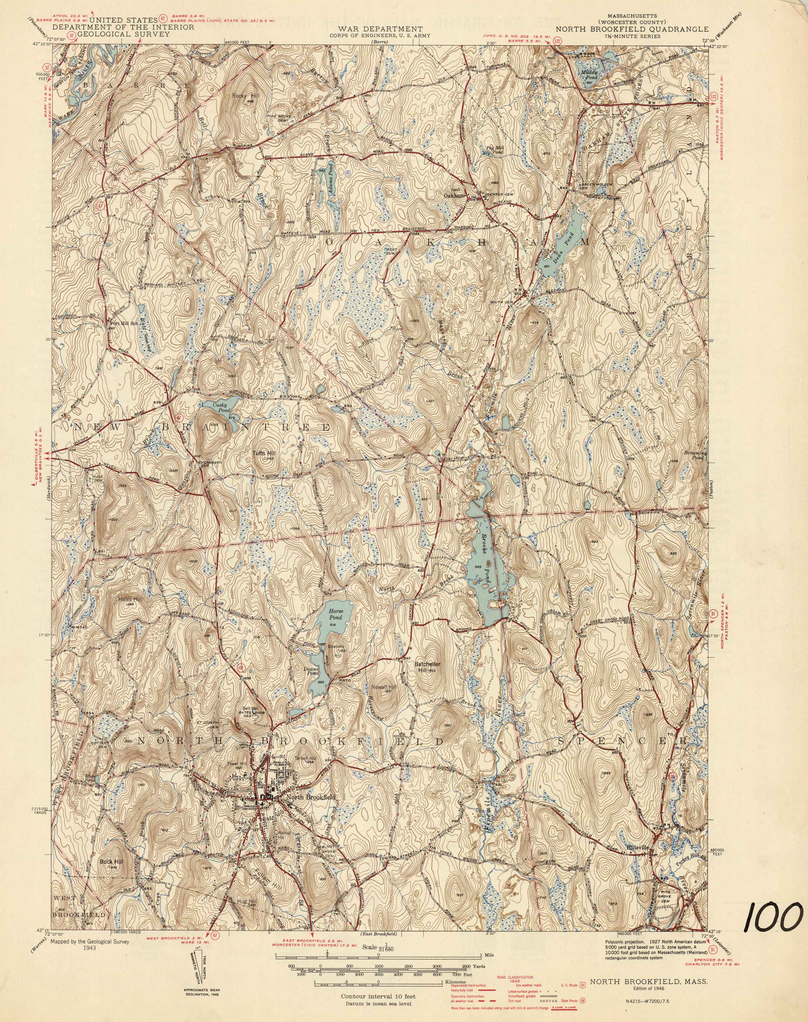 U.S. Geologic Survey 1946 Map of North Brookfield, Massachusetts Art
