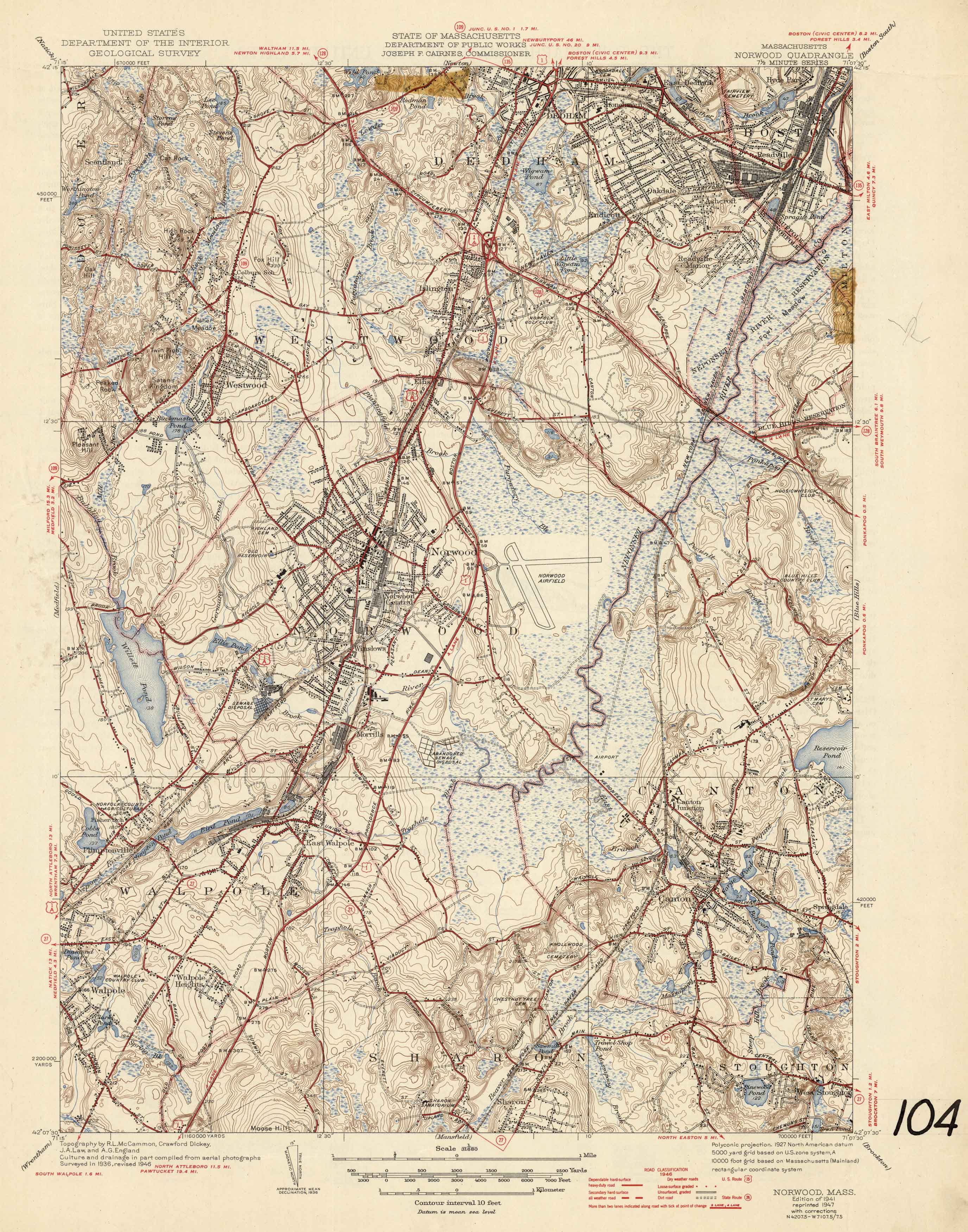 U.S. Geologic Survey 1947 Map of Norwood, Massachusetts - Art Source 