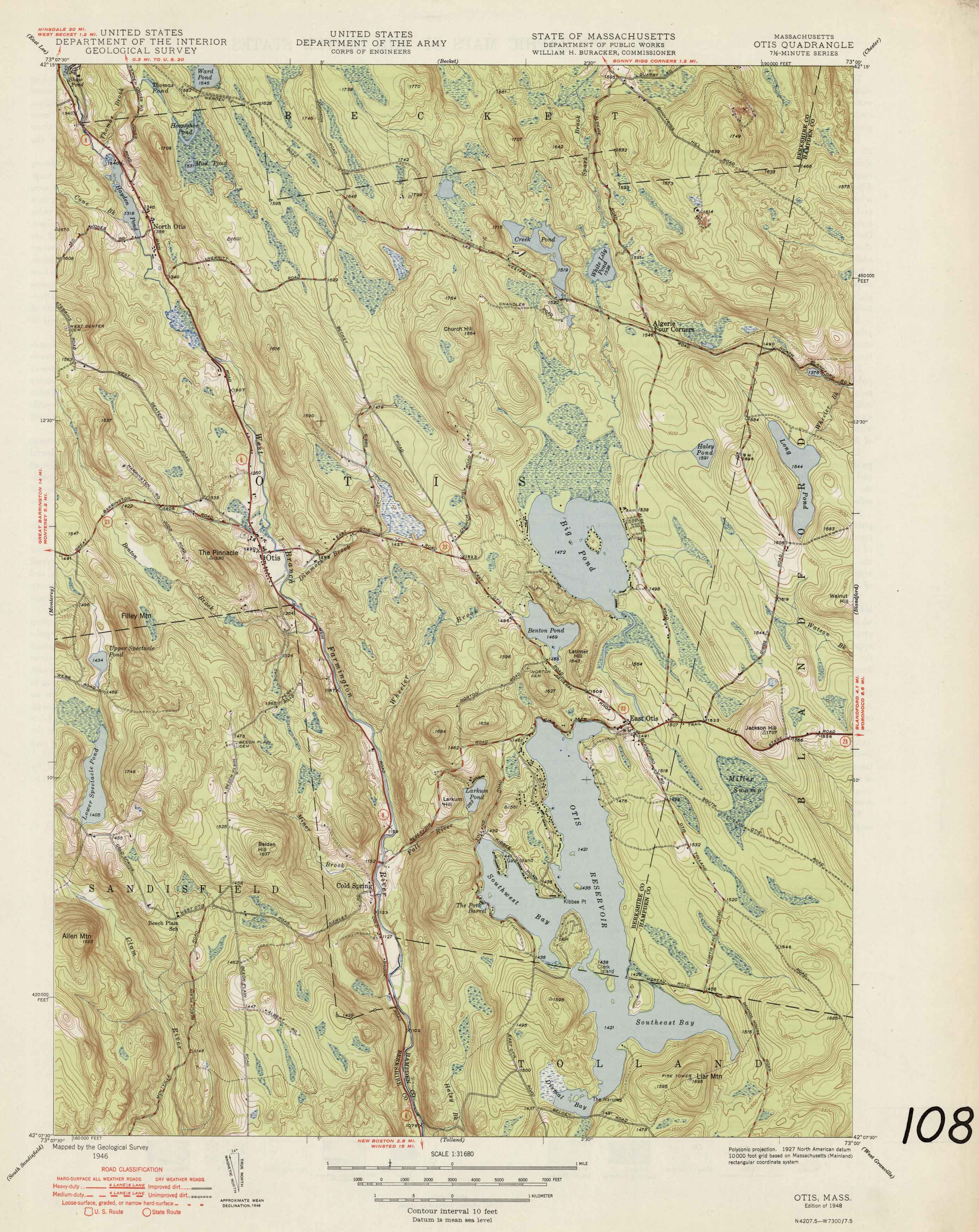 U.S. Geologic Survey 1948 Map of Otis, Massachusetts Art Source