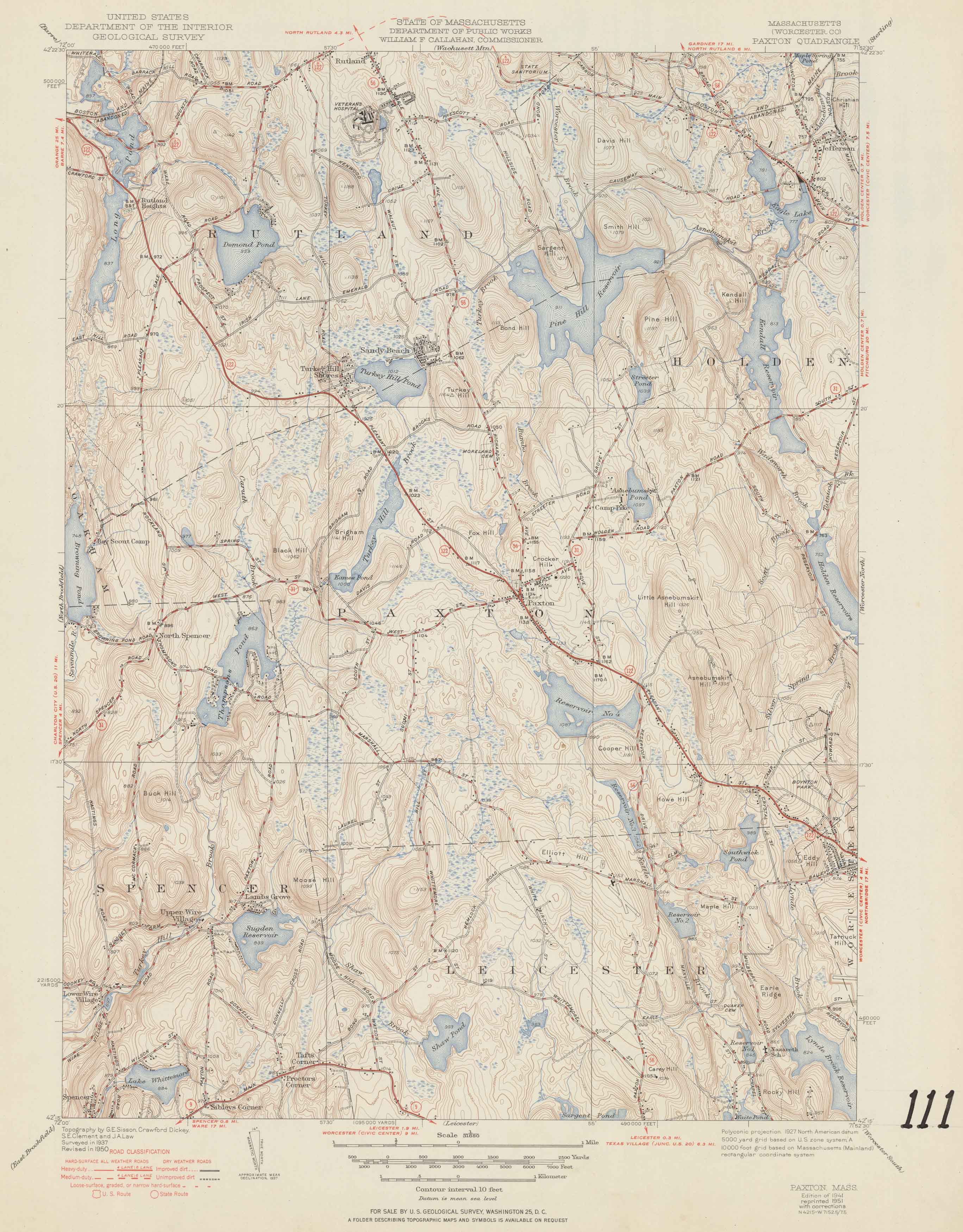U.S. Geologic Survey 1951 Map of Paxton, Massachusetts Art Source