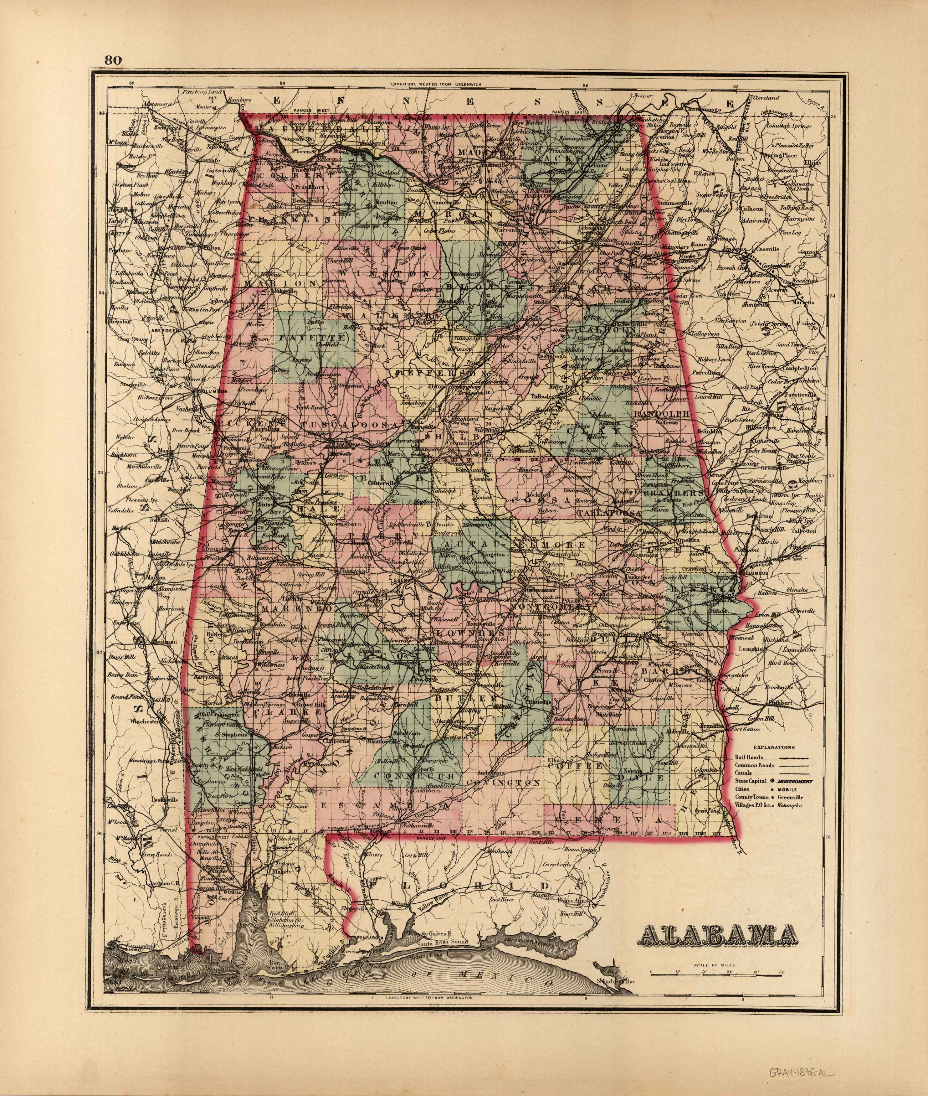 Gray's 1876 Map of Alabama - Art Source International