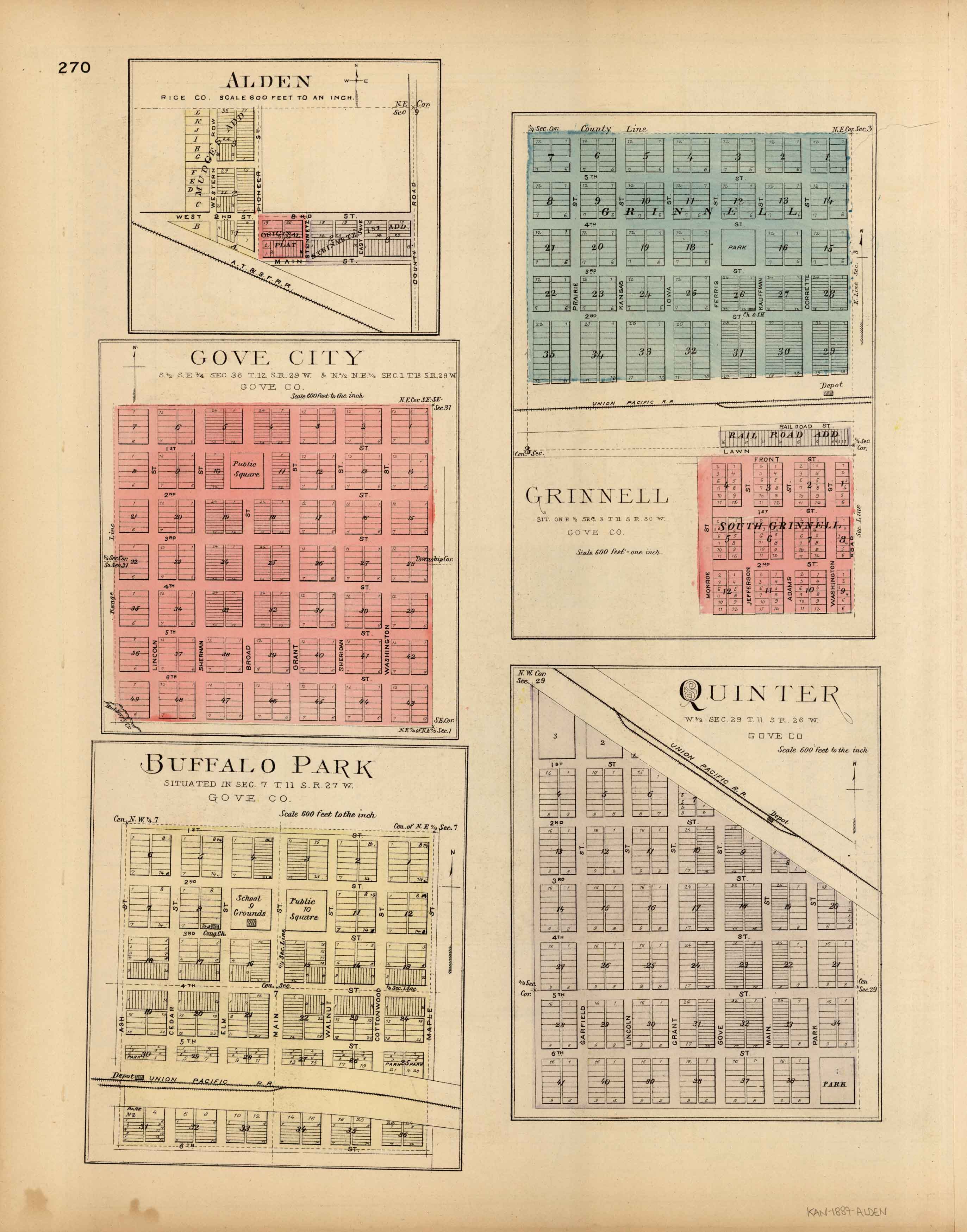 L.H. Evert's 1887 Map of Alden, Gove City, Grinnell, Quinter, and Buffalo Park, Kansas - Art 