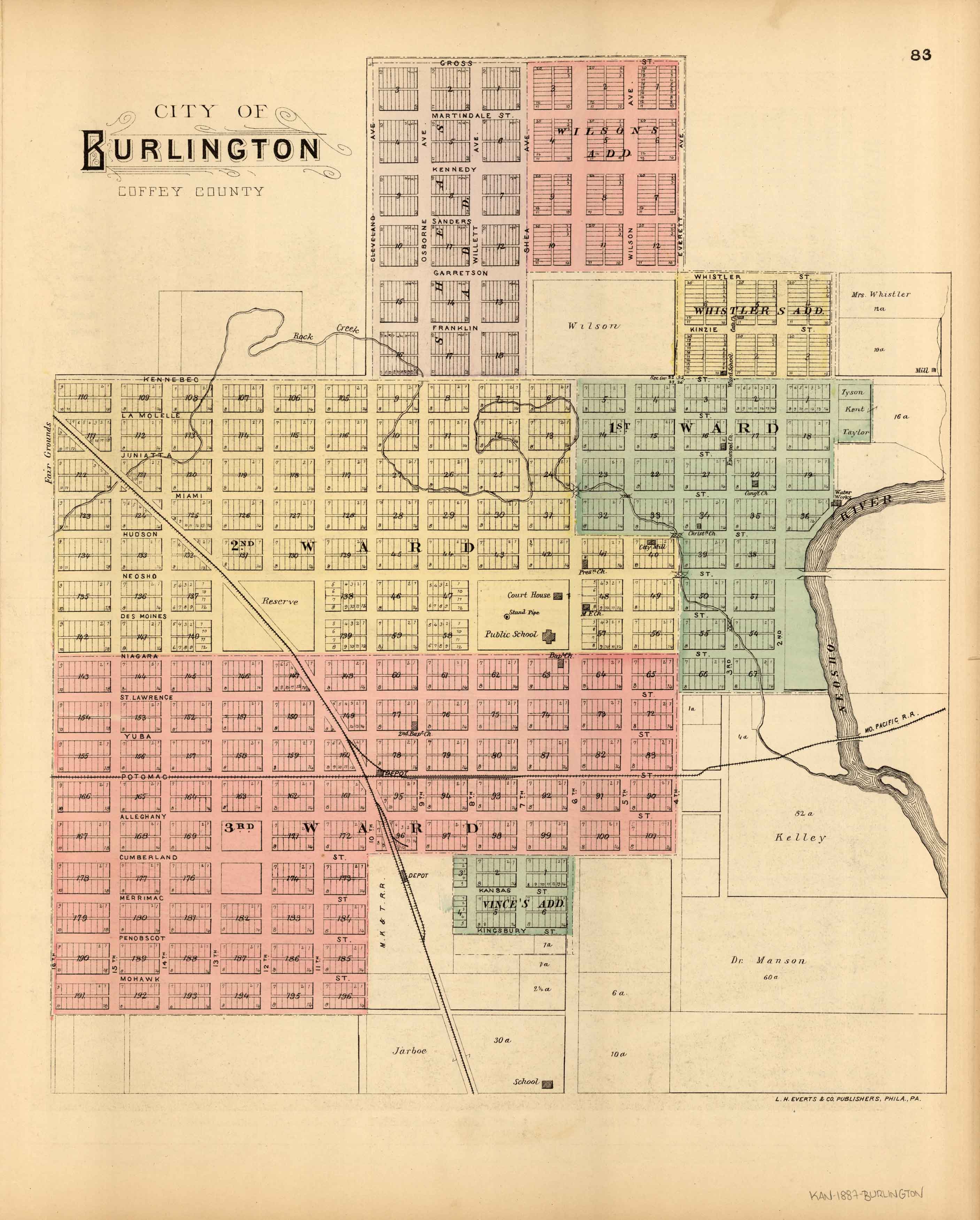 L H Evert S 1887 Map Of The City Of Burlington Kansas Art Source   KAN 1887 BURLINGTON 