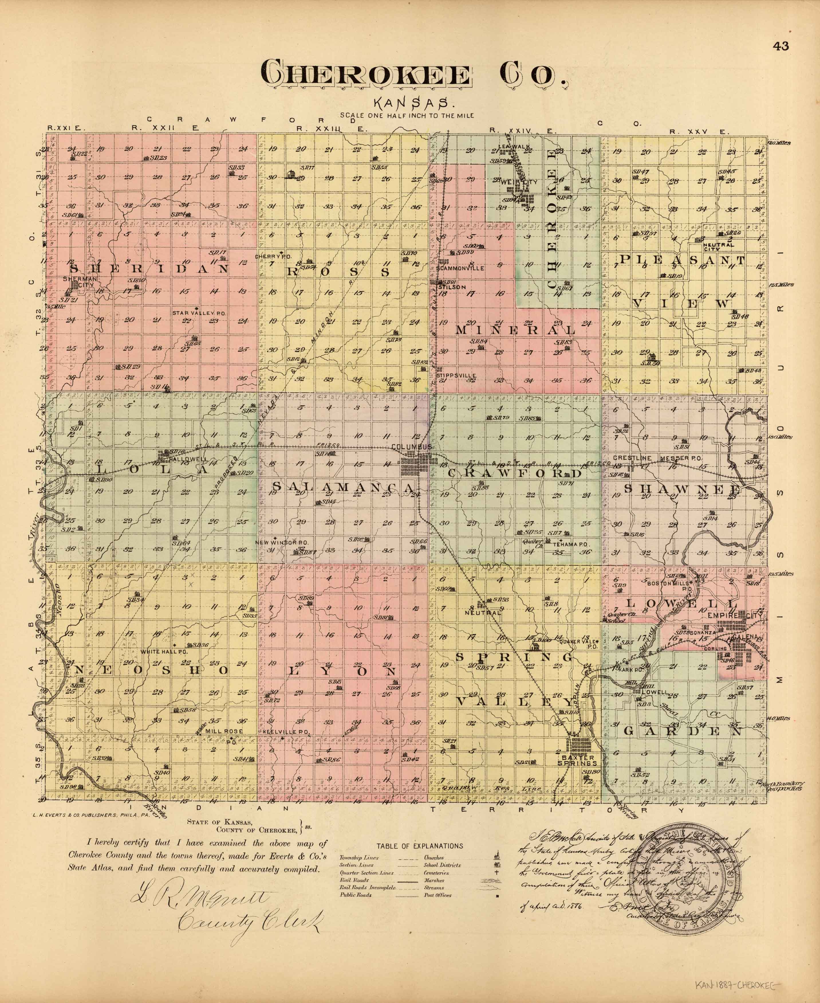 L.H. Evert's 1887 Map of Cherokee County, Kansas - Art Source International