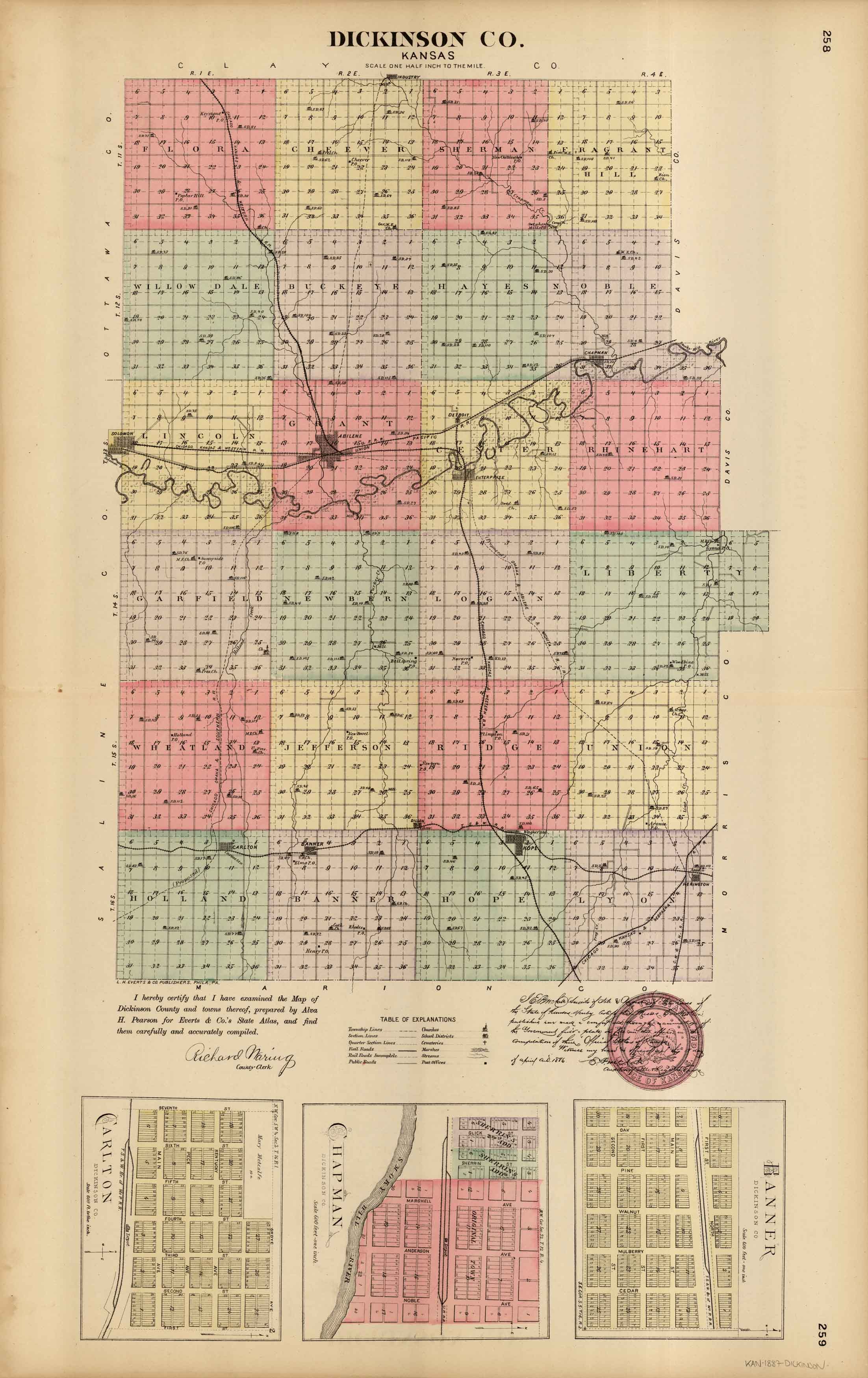 L.H. Evert's 1887 Map of Dickinson County, Banner, Chapman, and Carlton ...