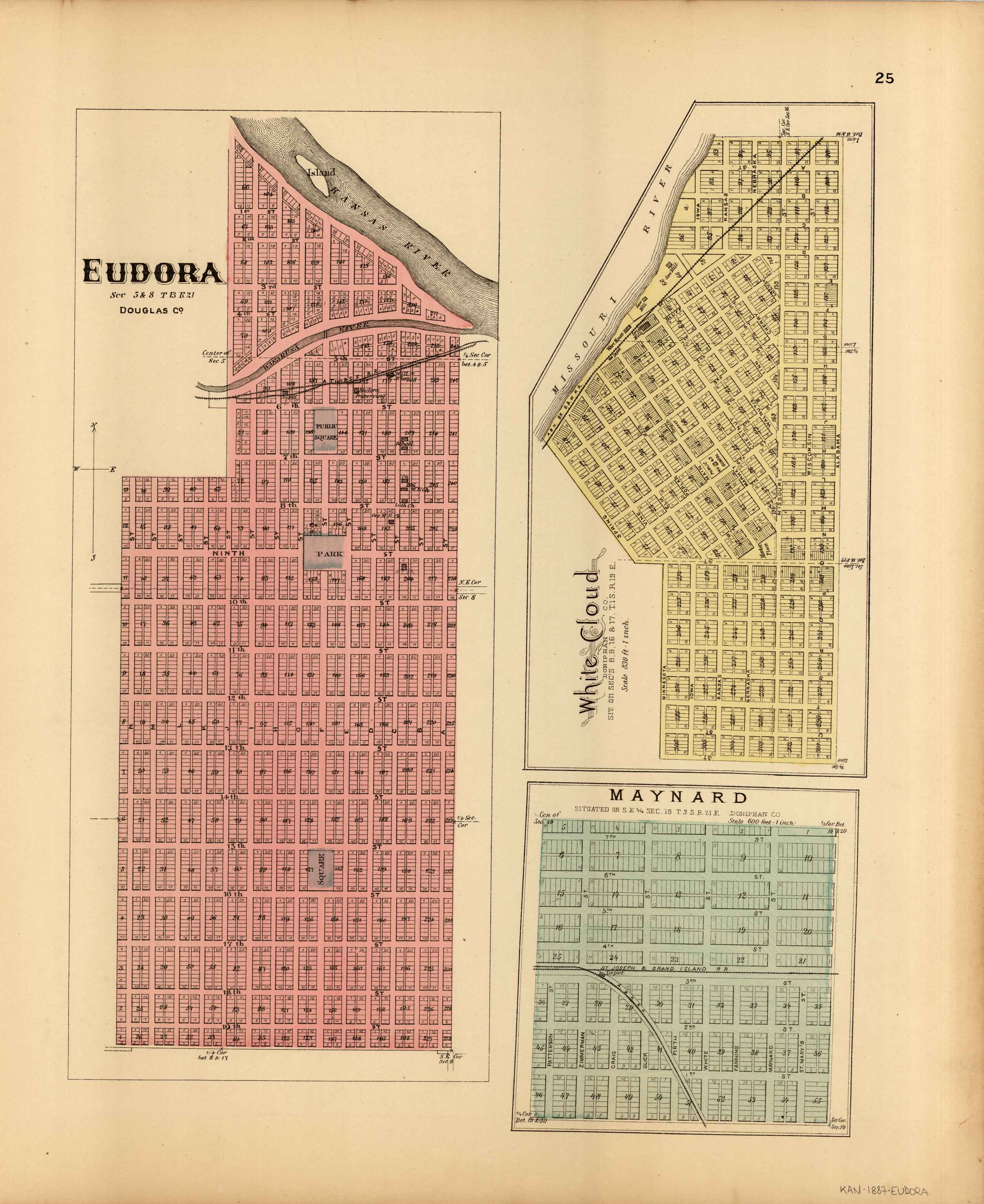 L.H. Evert's 1887 Map of Eudora, White Cloud, and Maynard, Kansas Art