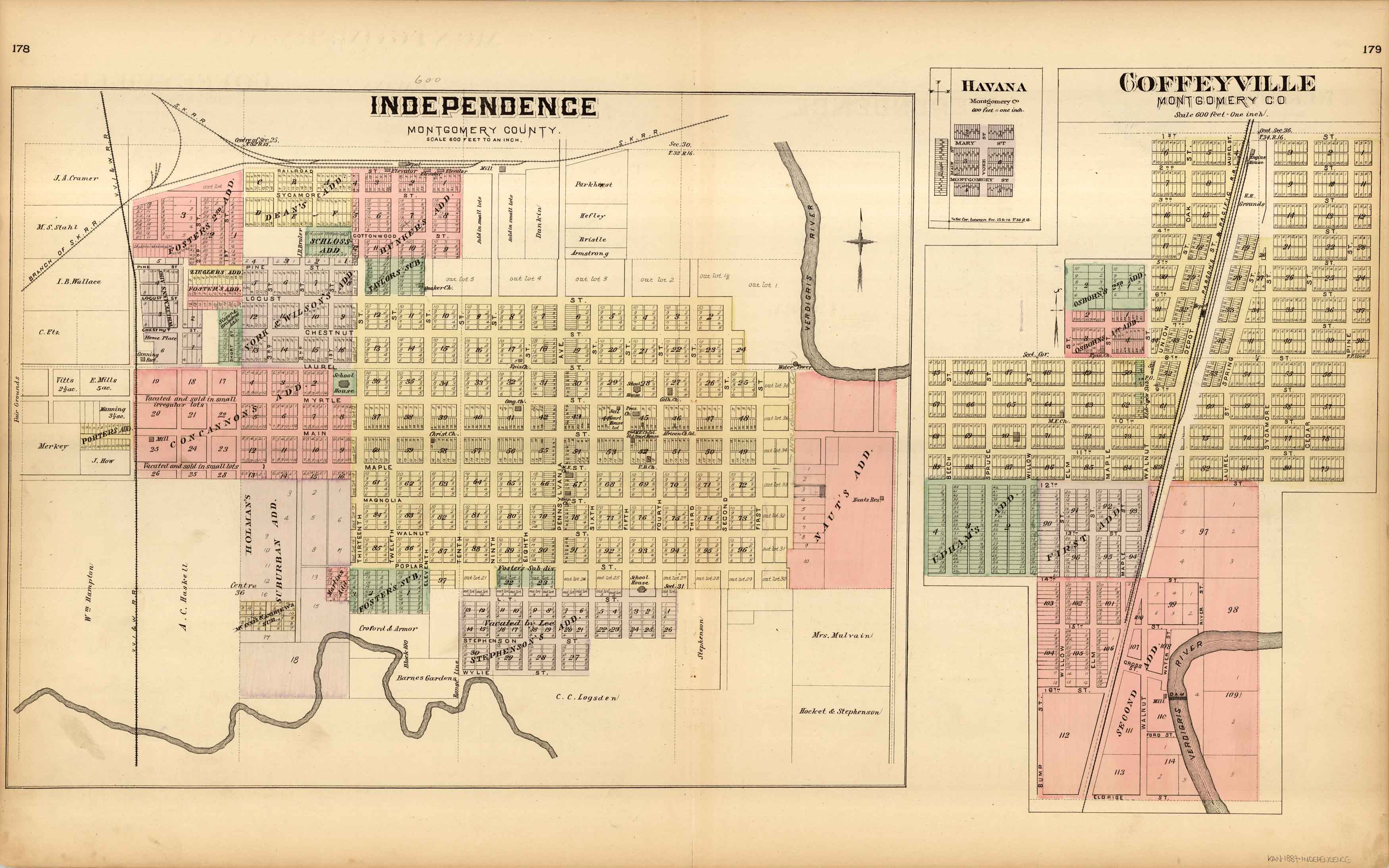 L.H. Evert's 1887 Map of Independence, Havana, and Coffeyville, Kansas 