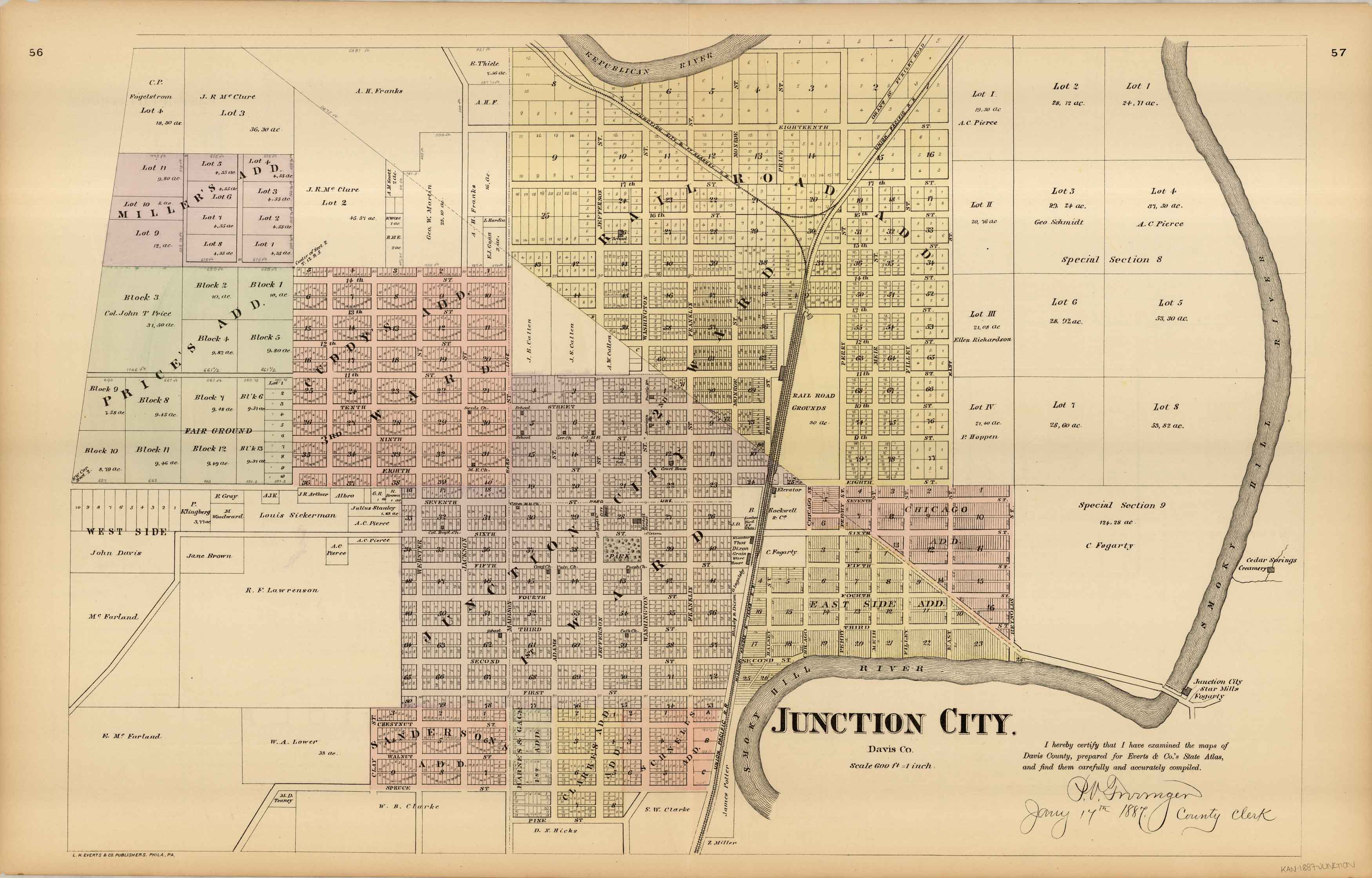 L.H. Evert's 1887 Map of Junction City, Kansas - Art Source International