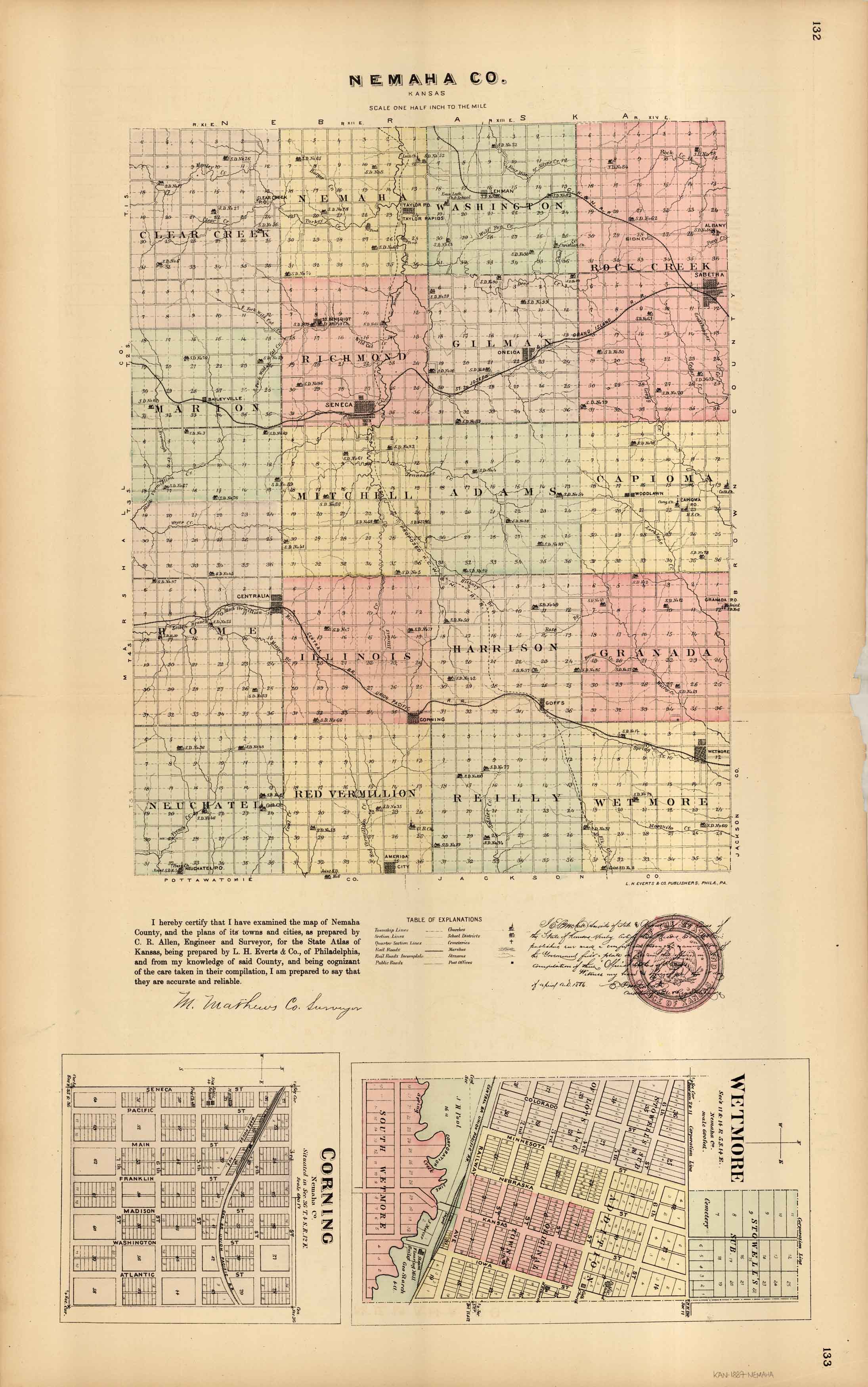 L.H. Evert's 1887 Map of Nemaha County, Wetmore, and Corning, Kansas Art Source International