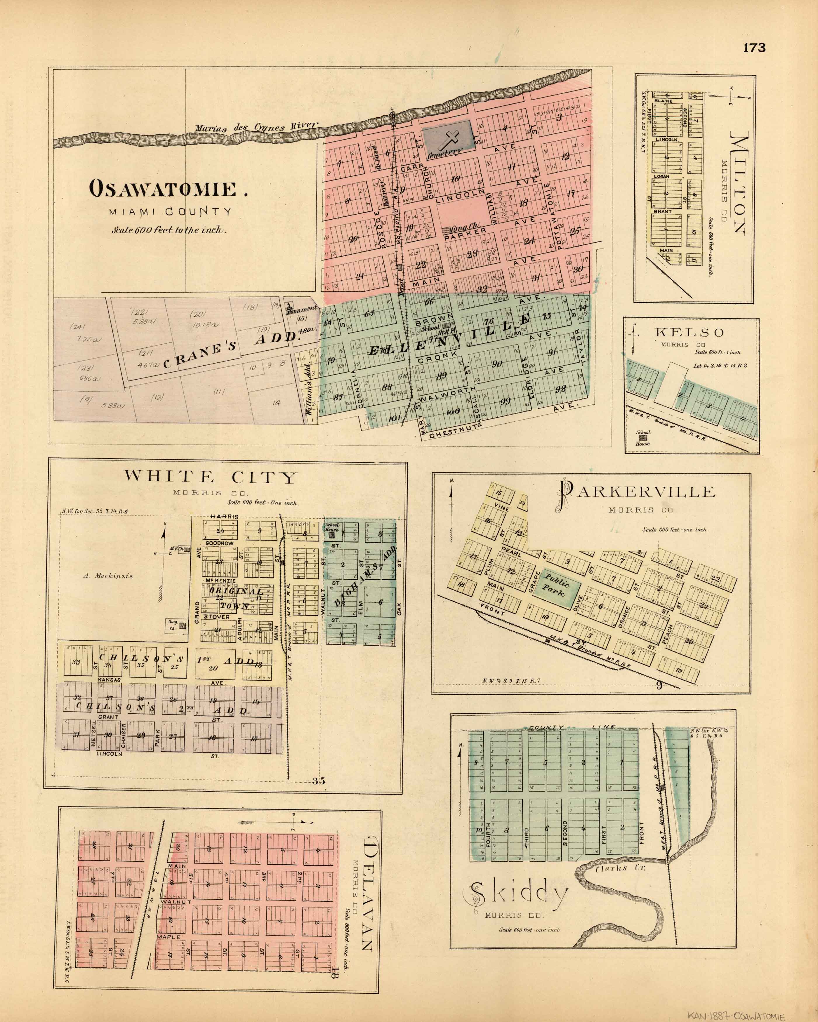 L.H. Evert's 1887 Map of Osawatomie, Milton, Kelso, White City