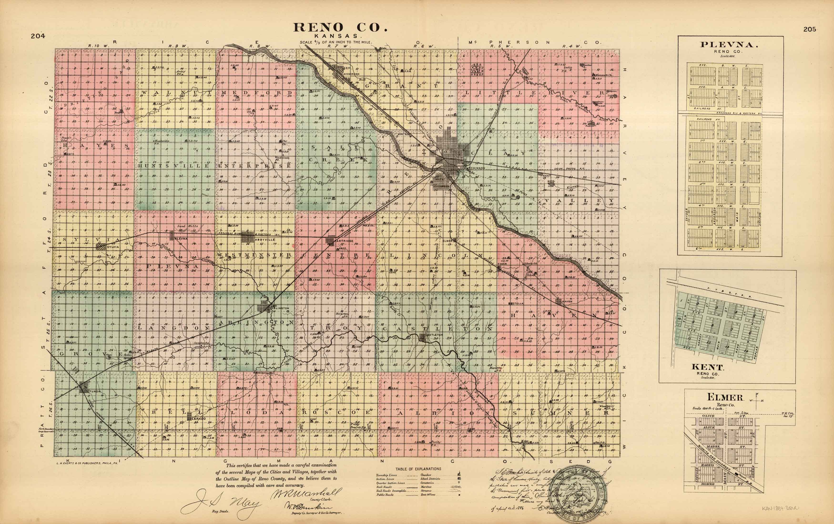 L.H. Evert's 1887 Map of Reno County, Plevna, Kent, and Elmer, Kansas