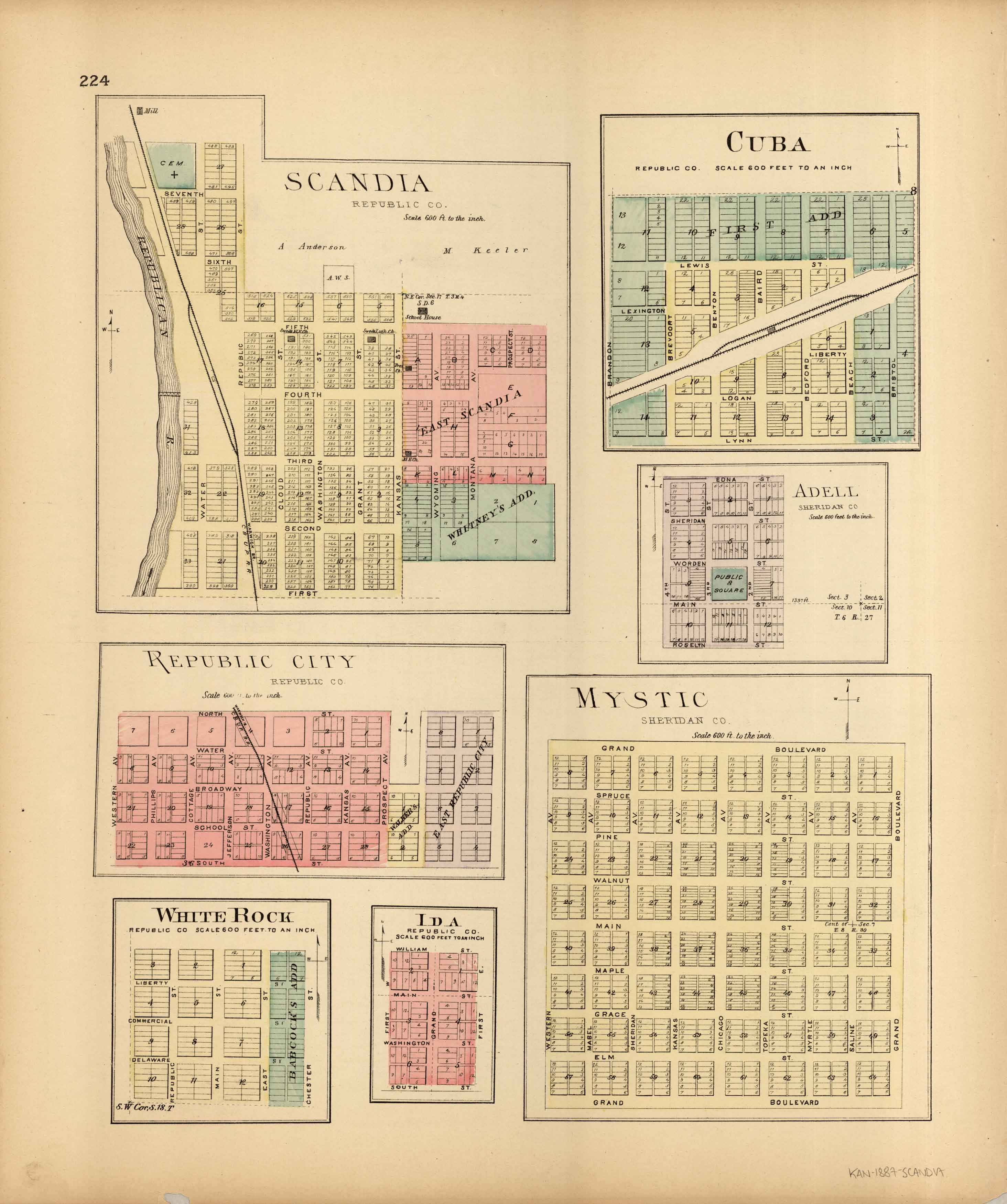 L.H. Evert's 1887 Map of Scandia, Cuba, Republic City, Mystic, Adell