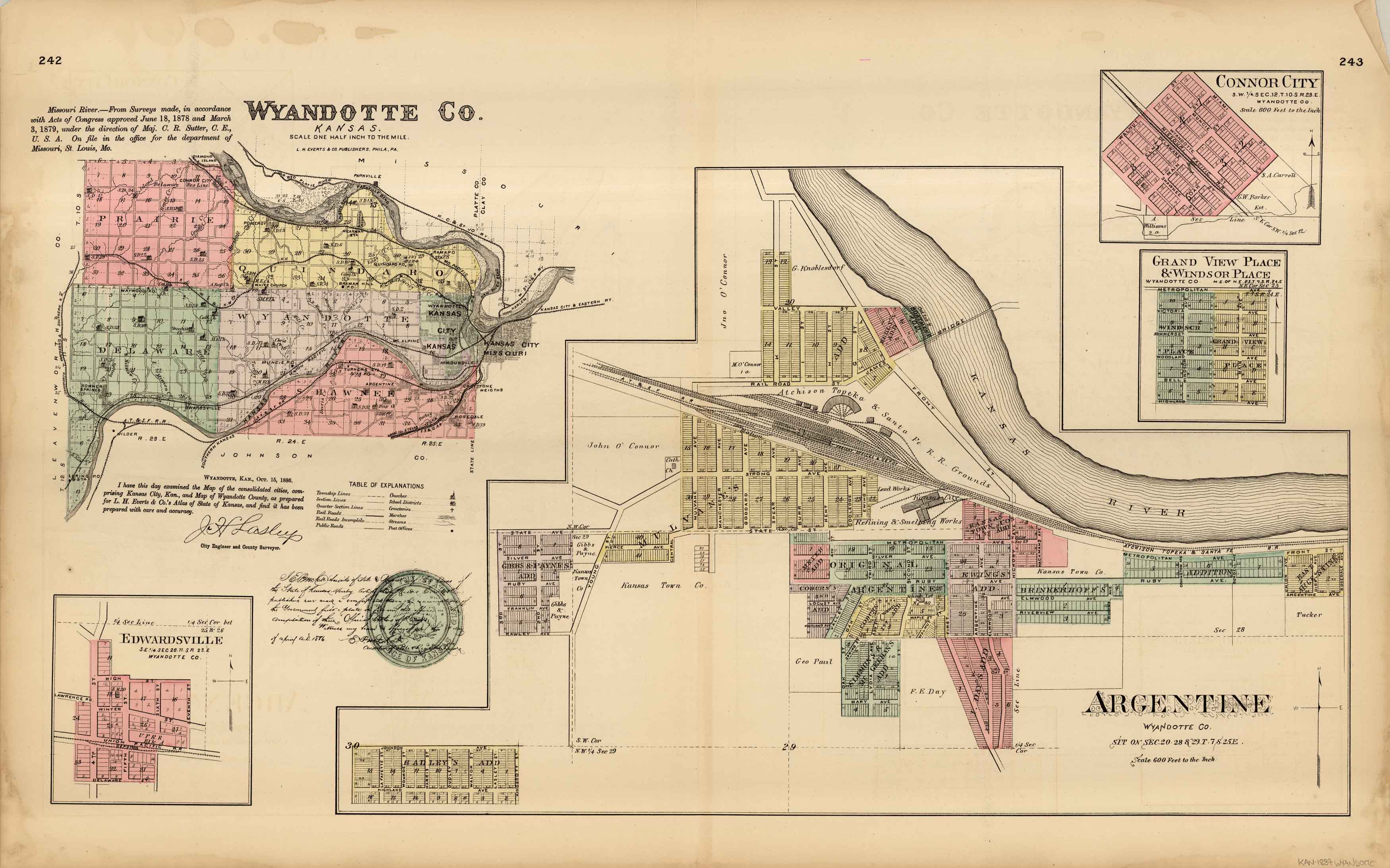 Lh Everts 1887 Map Of Wyandotte County Edwardsville Connor City Grand View Place And 3098