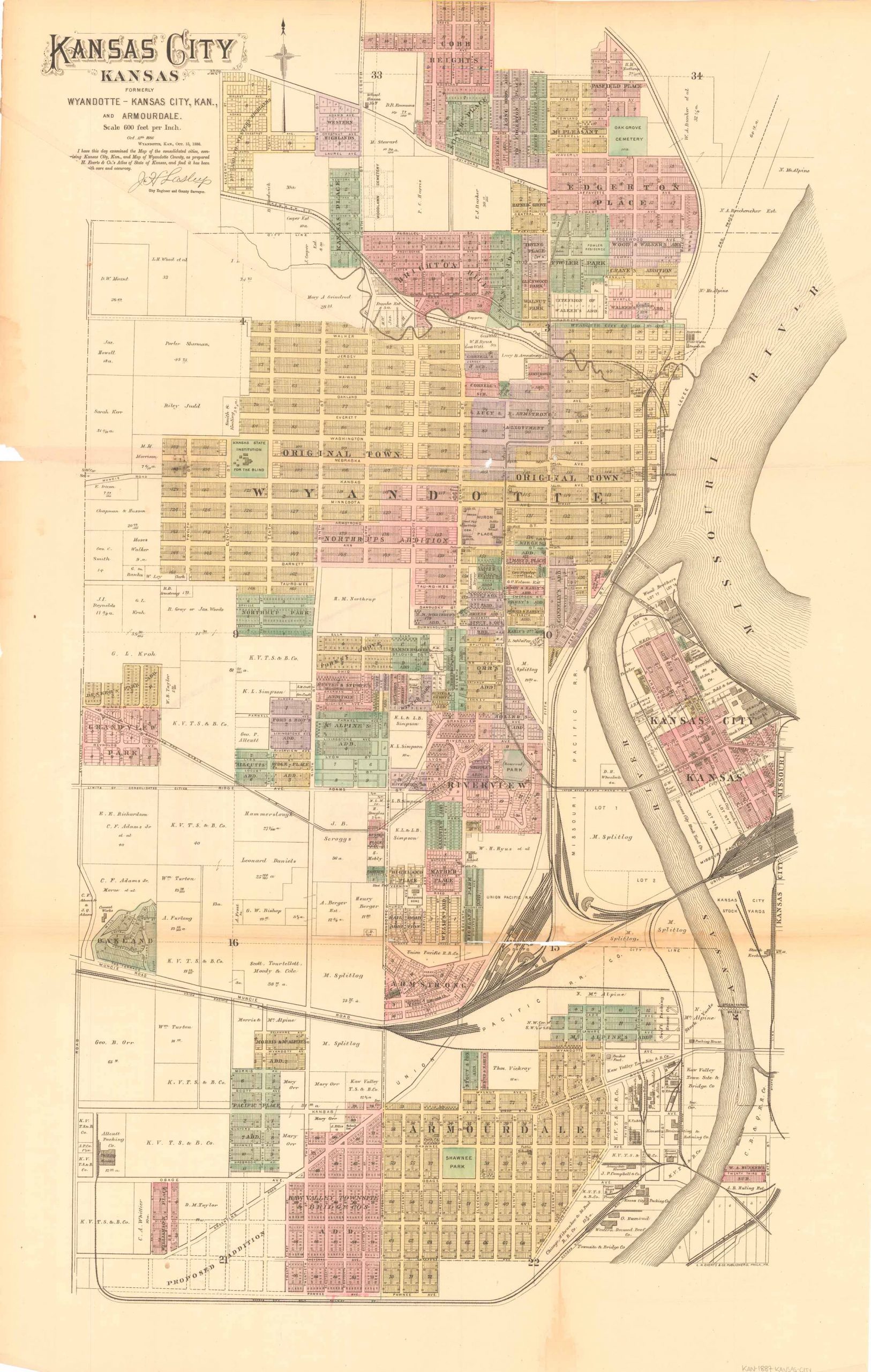 L.H. Evert's 1887 Map of Kansas City, Kansas - Art Source International