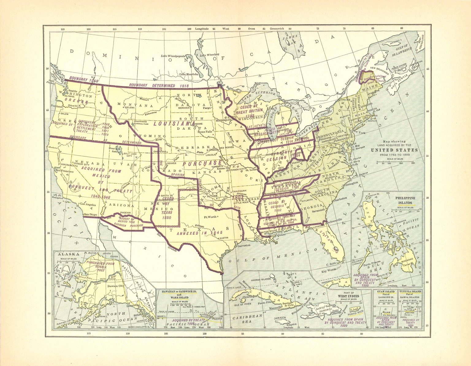 Map Showing Land Acquired by the United States from 1783 to 1899 with ...