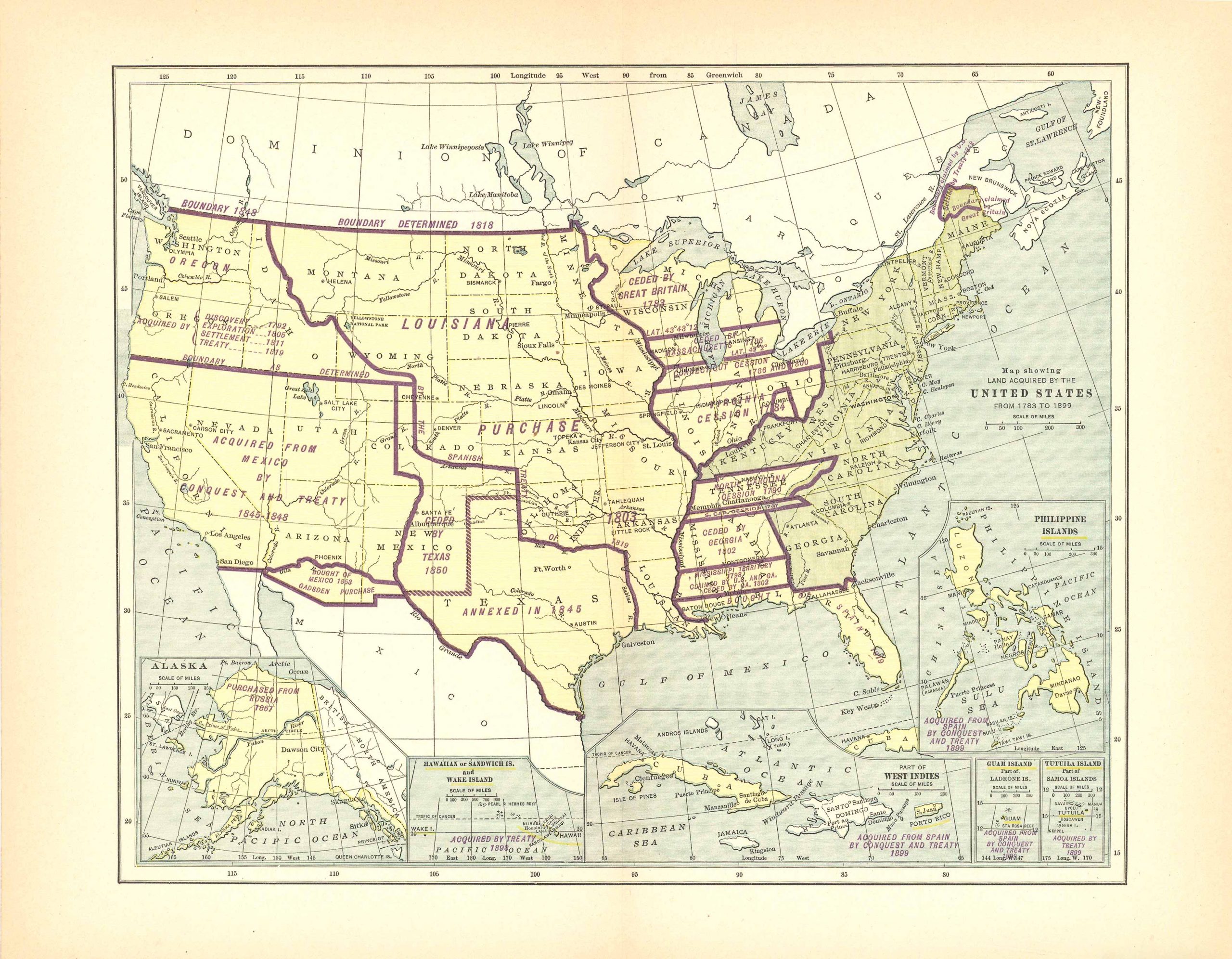 Map Showing Land Acquired by the United States from 1783 to 1899 with ...