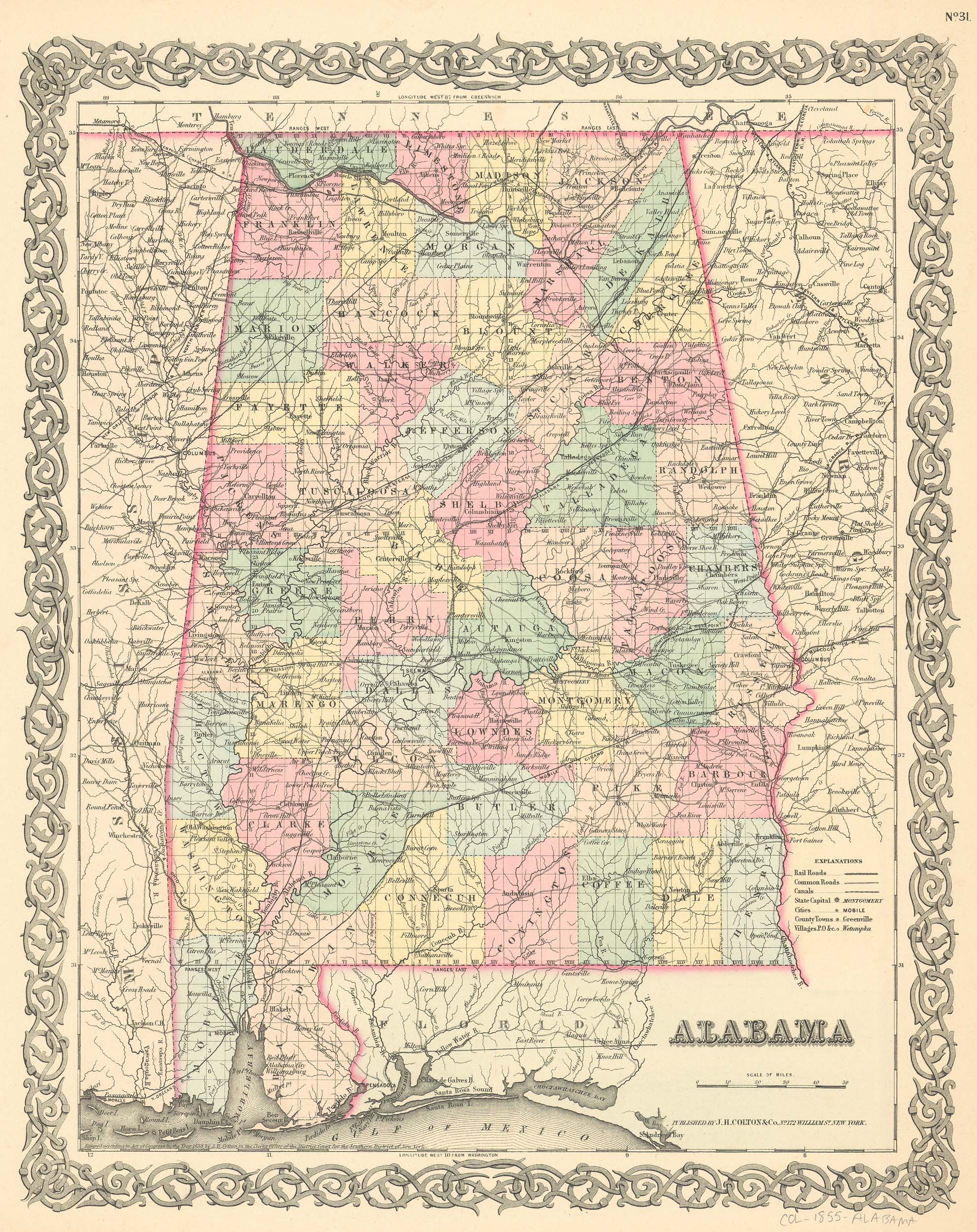 J.H. Colton's 1855 Map of Alabama - Art Source International