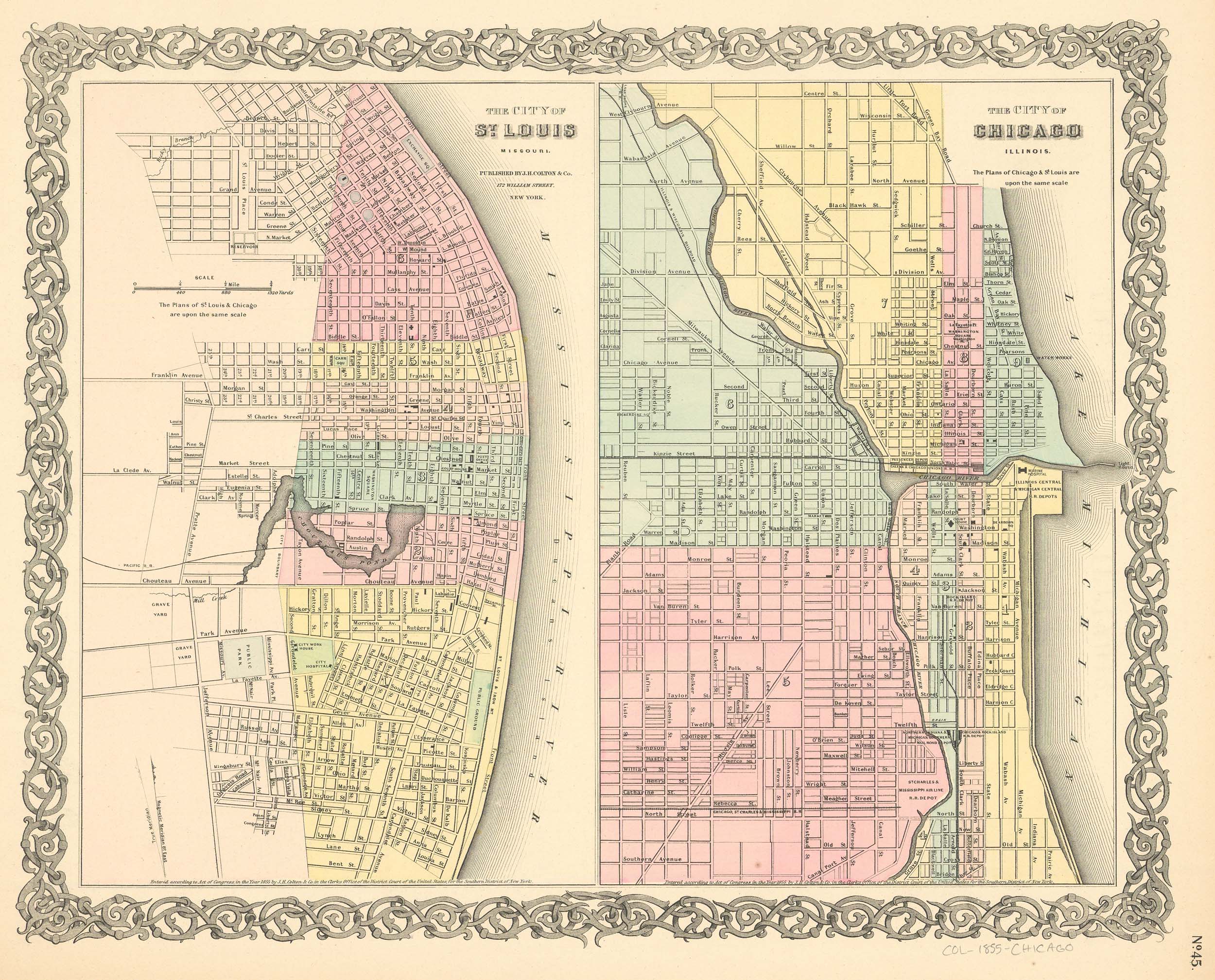 J.H. Colton's 1855 Map of The City of St. Louis, Missouri and The City ...