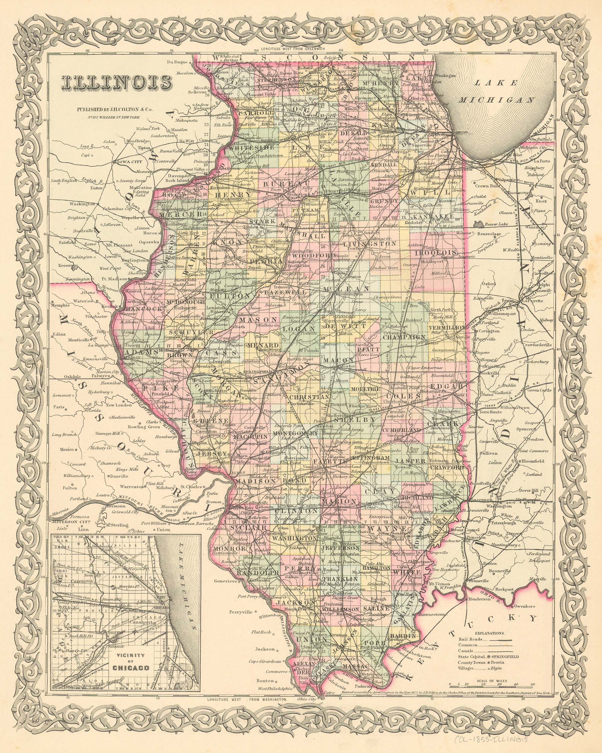 J.H. Colton's 1855 Map of Illinois - Art Source International