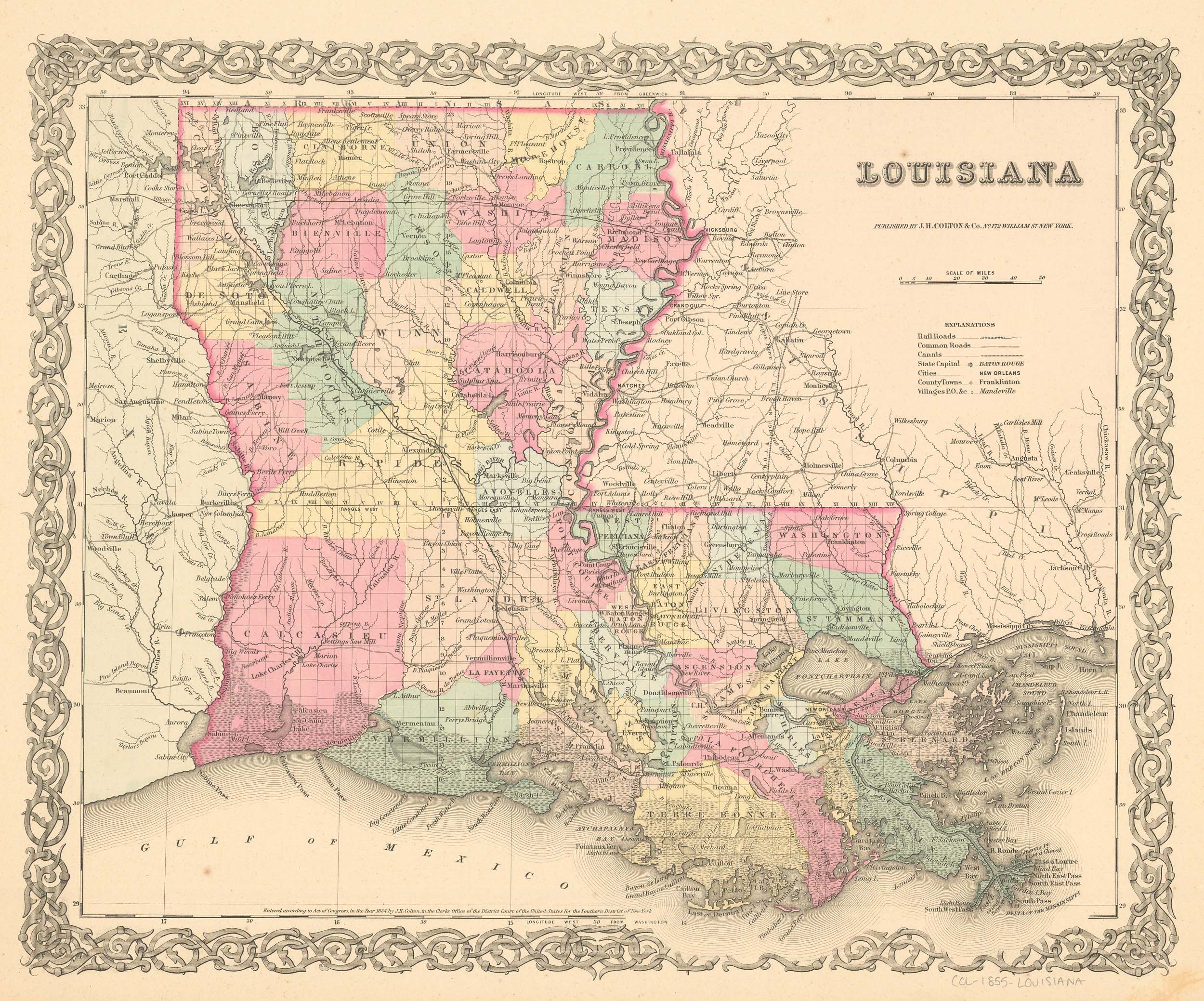 J.H. Colton's 1855 Map of Louisiana - Art Source International