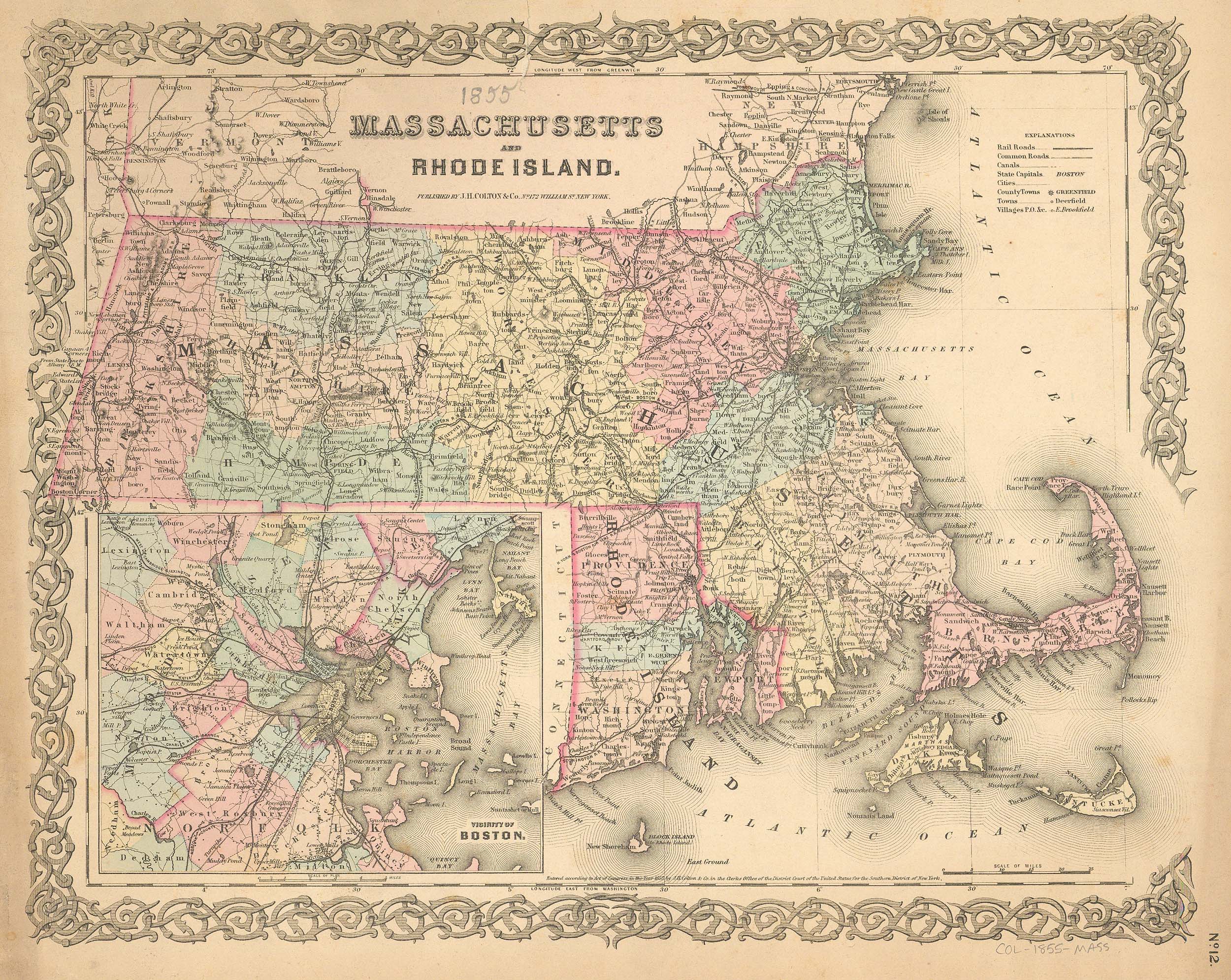 J.H. Colton's 1855 Map of Massachusetts and Rhode Island - Art Source ...