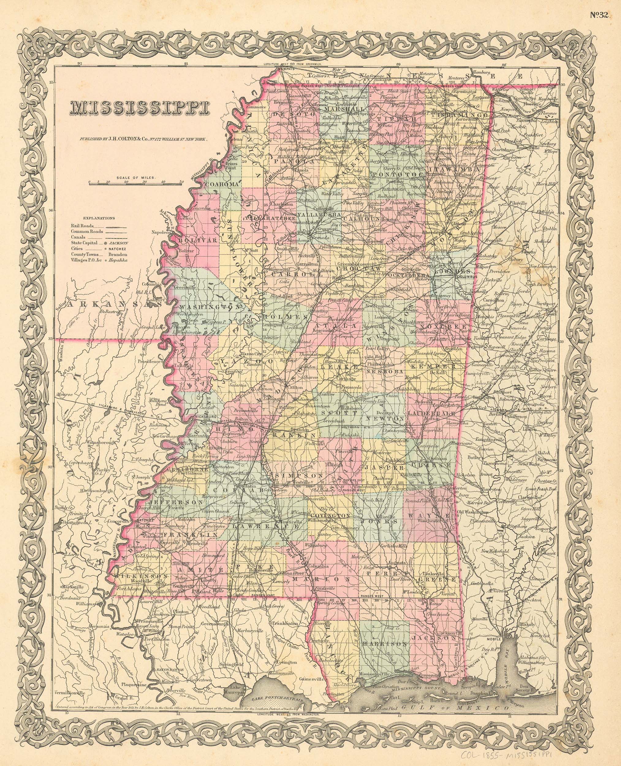 J.H. Colton's 1855 Map of Mississippi - Art Source International