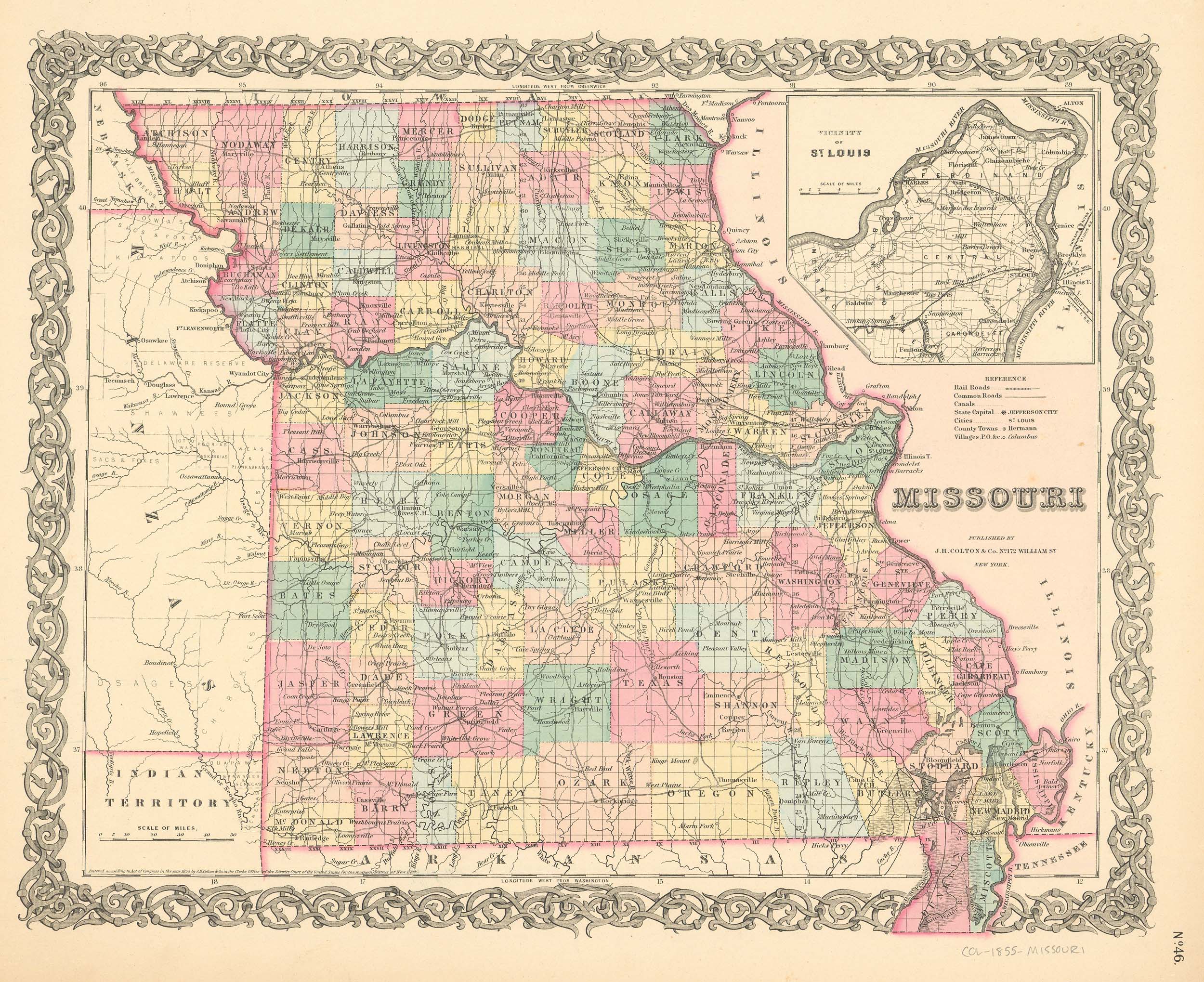 J.H. Colton's 1855 Map of Missouri - Art Source International