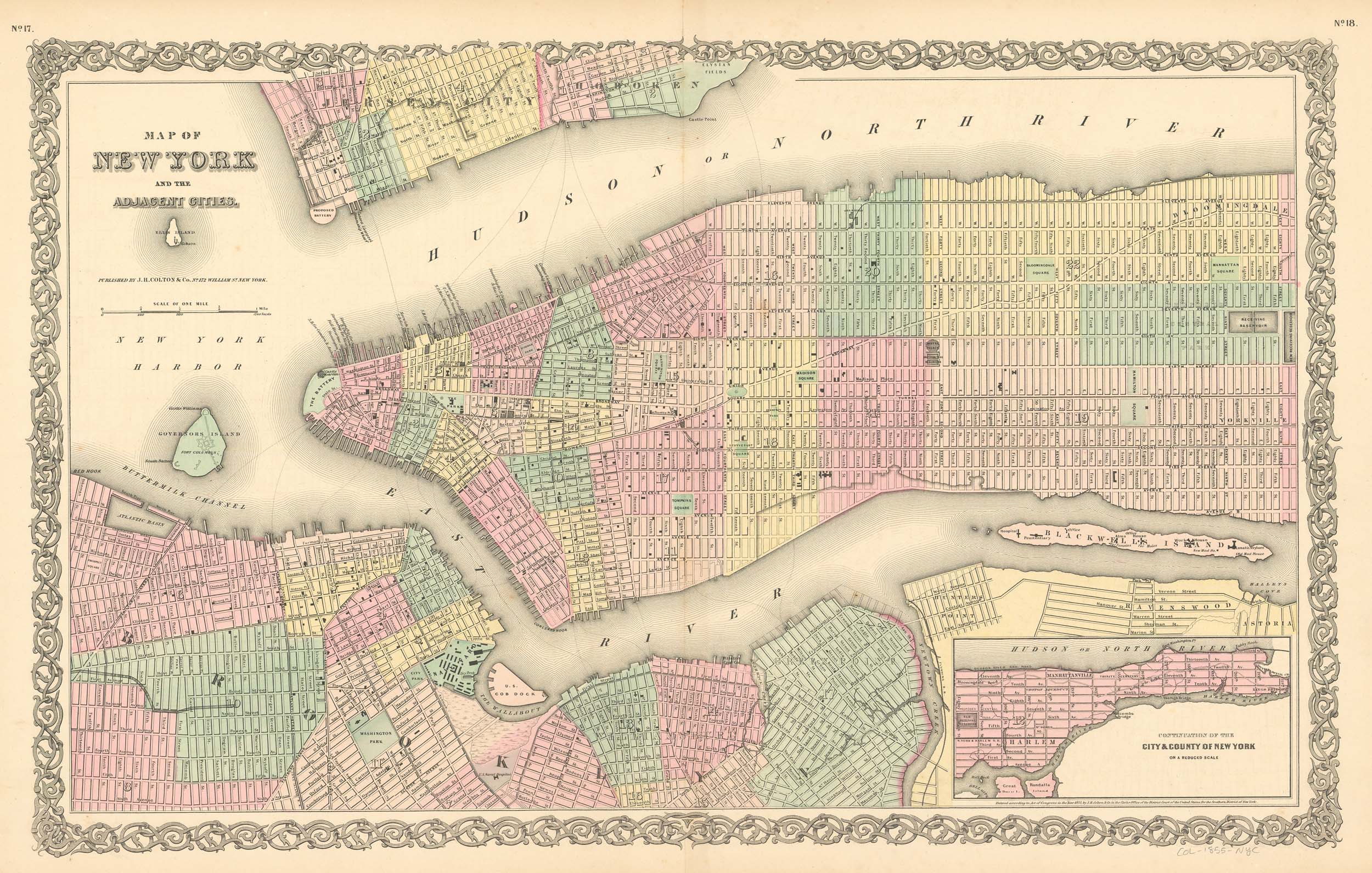 J.H. Colton's 1855 Map Of New York And Adjacent Cities - Art Source ...